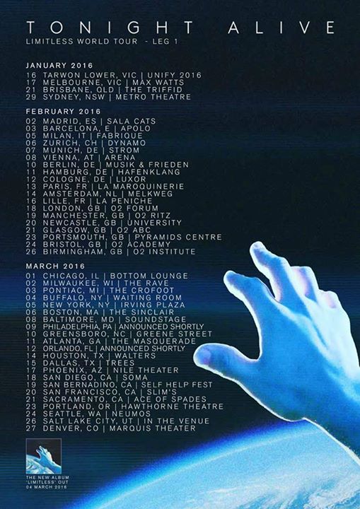 Tonight Alive - Limitless World Tour Leg 1 - 2016 Tour Poster