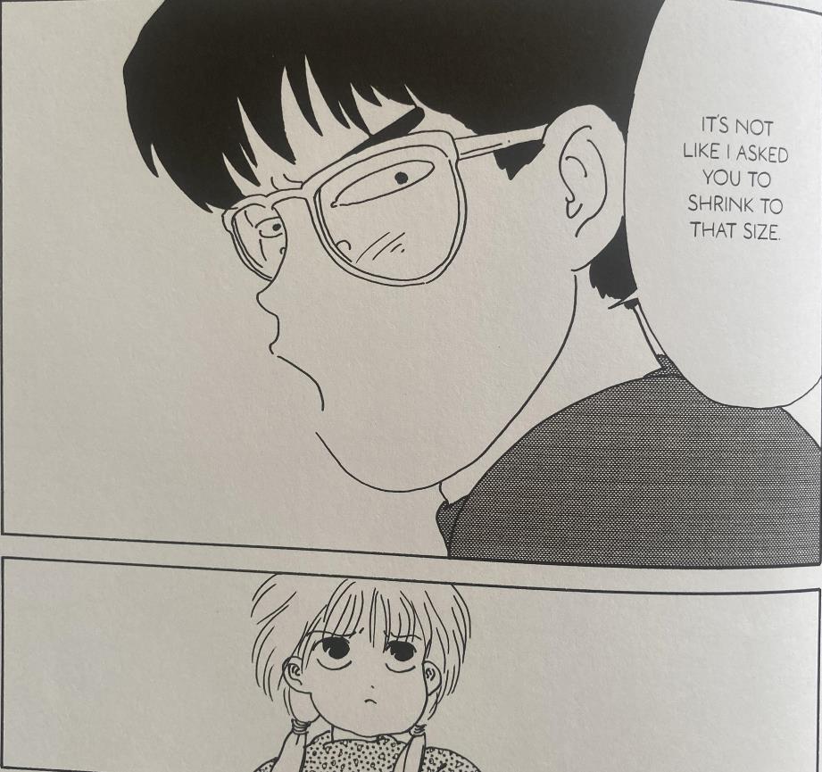 minami says, "it's not like i asked you to shrink to that size." chiyomi scowls