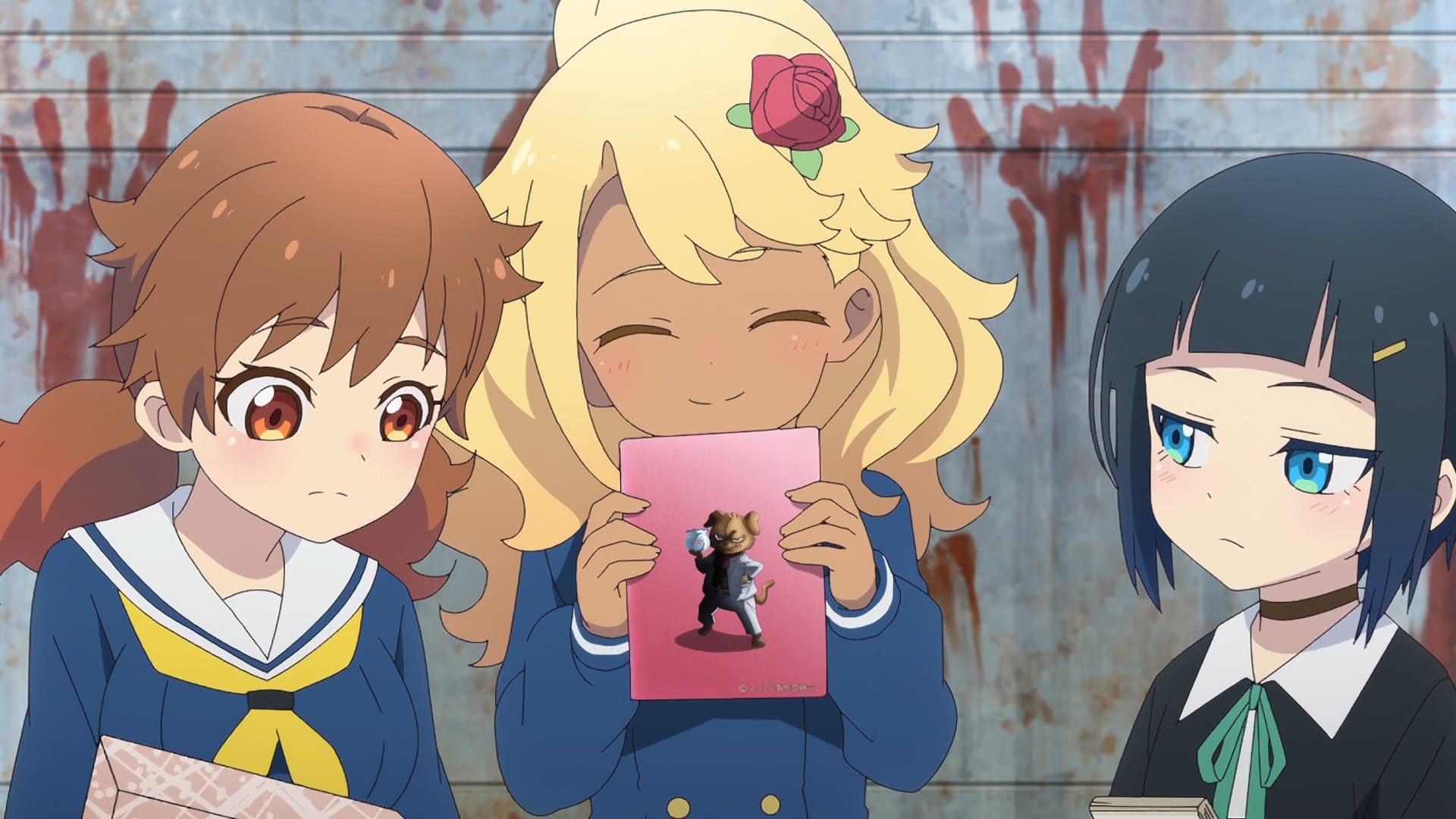 teenage girls hold packages in front of truck marked with bloody handprints