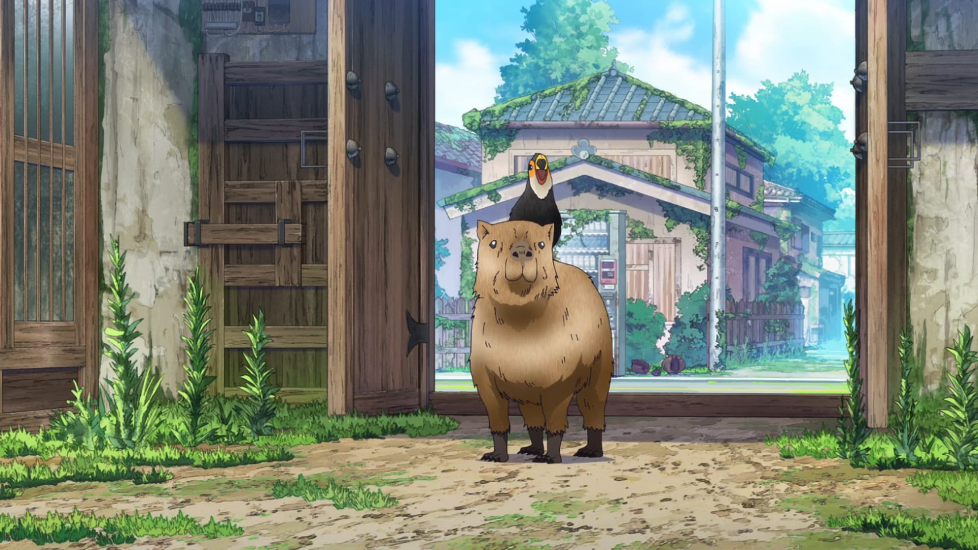 capybara and toucan in postapocalyptic town