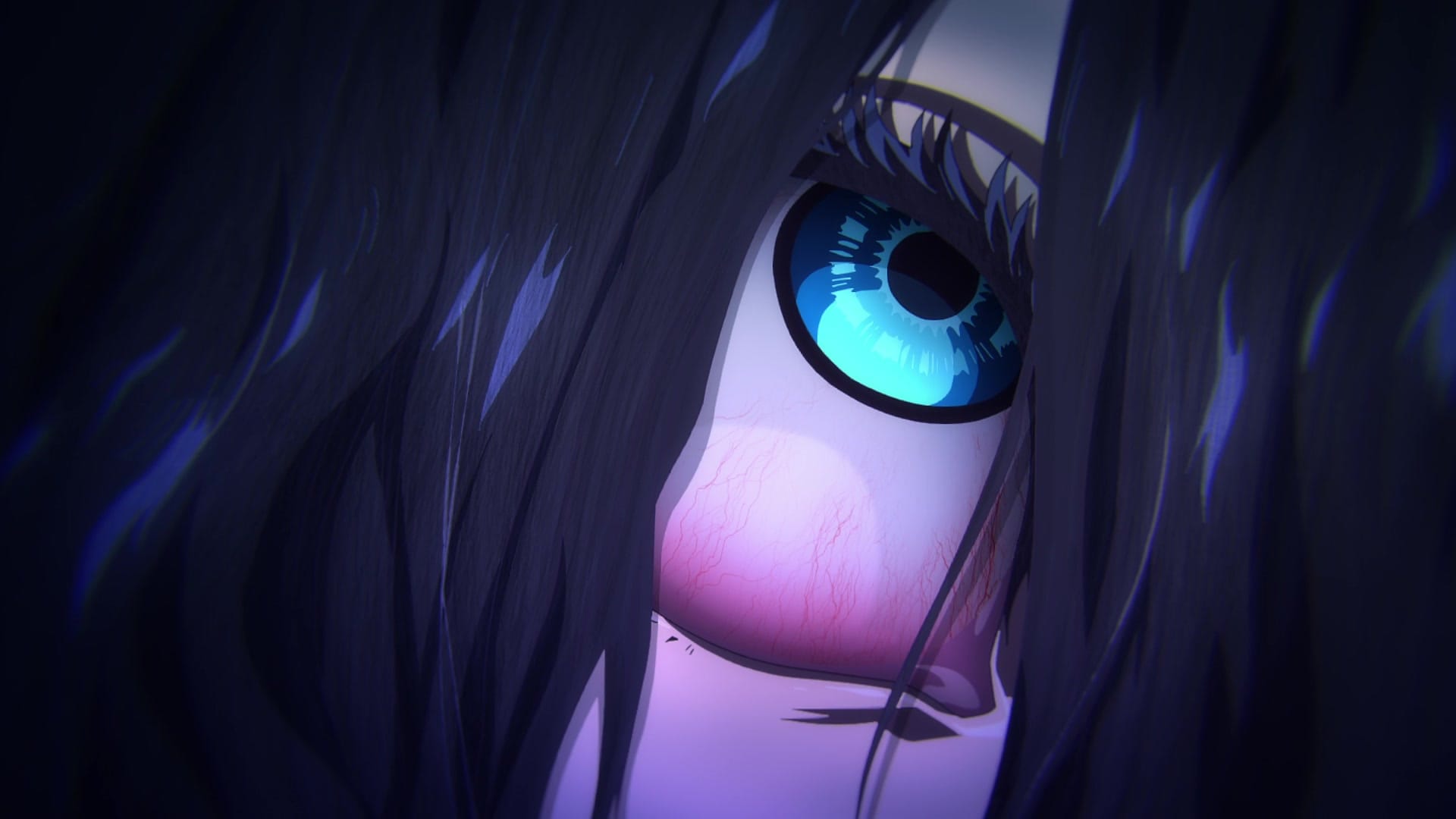 a blue eye looks out from the face of a "sadako-like"
