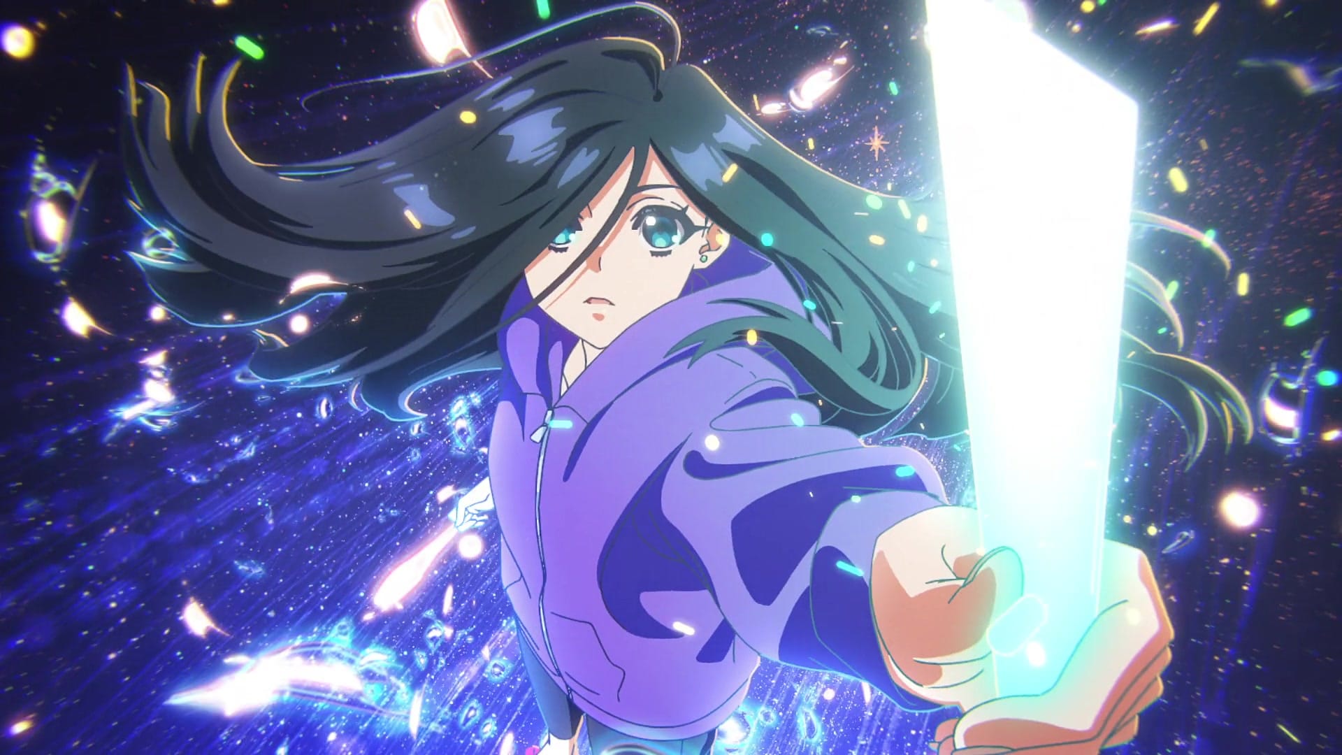 natsuko, wearing her trademark purple hoodie, brandishes her trademark magical animator's tool