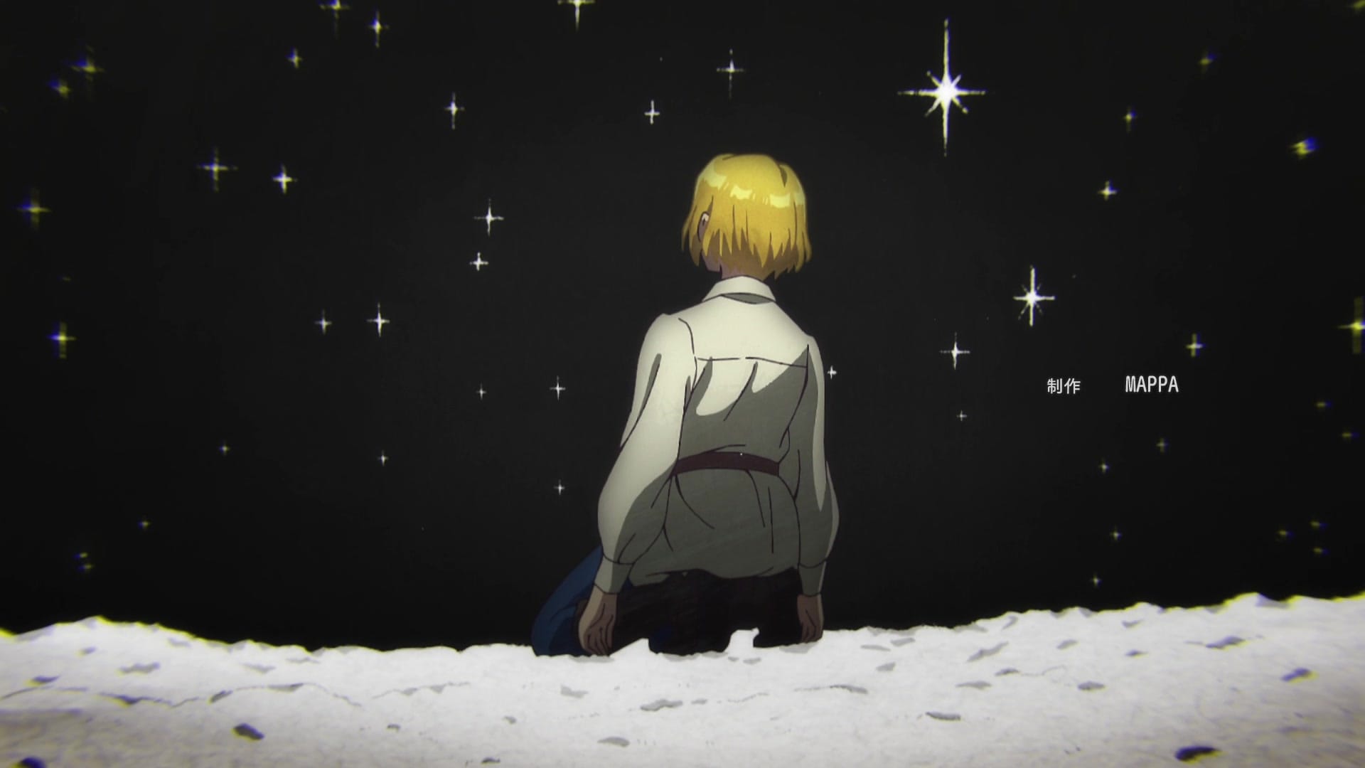 luke kneels in a waste of white sand as stars sparkle overhead. to his right are the words, "created by: MAPPA"