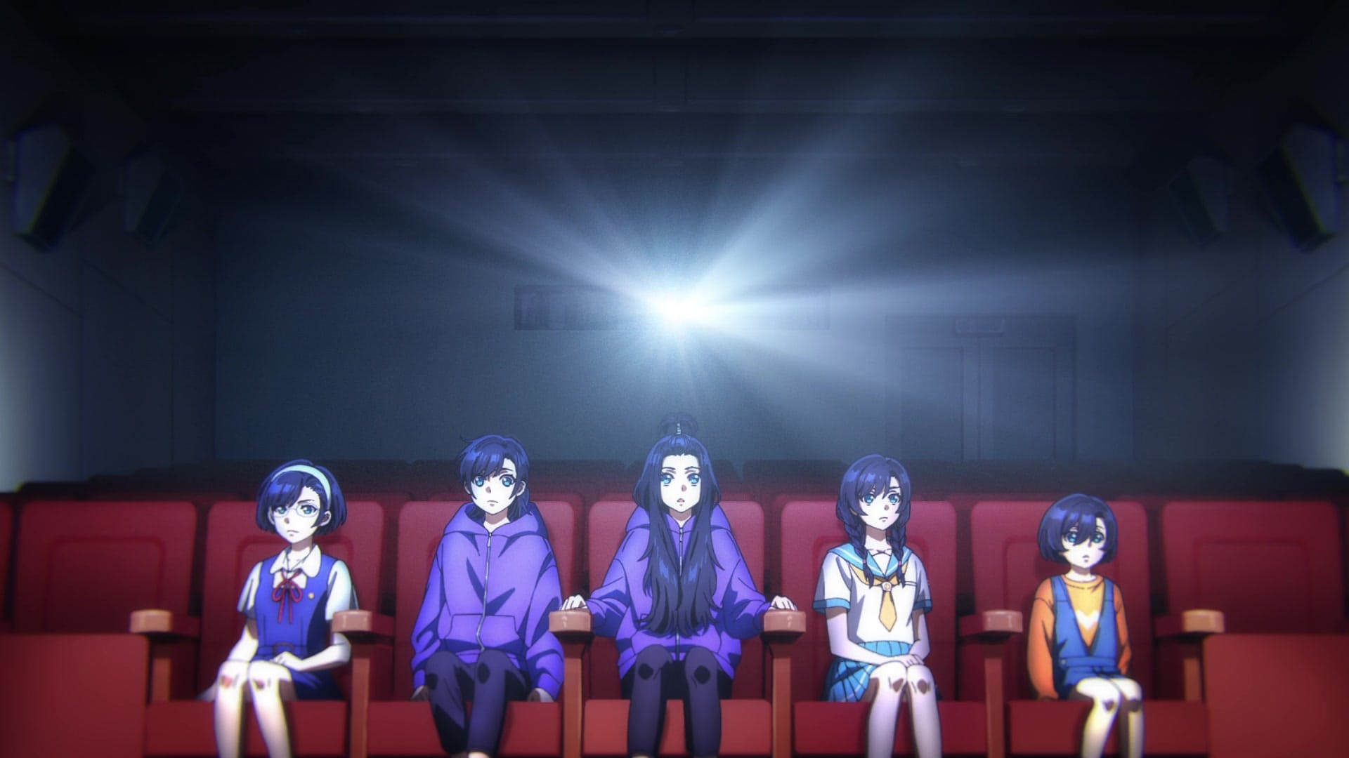 several past versions of natsuko sit in a movie theater looking at the screen