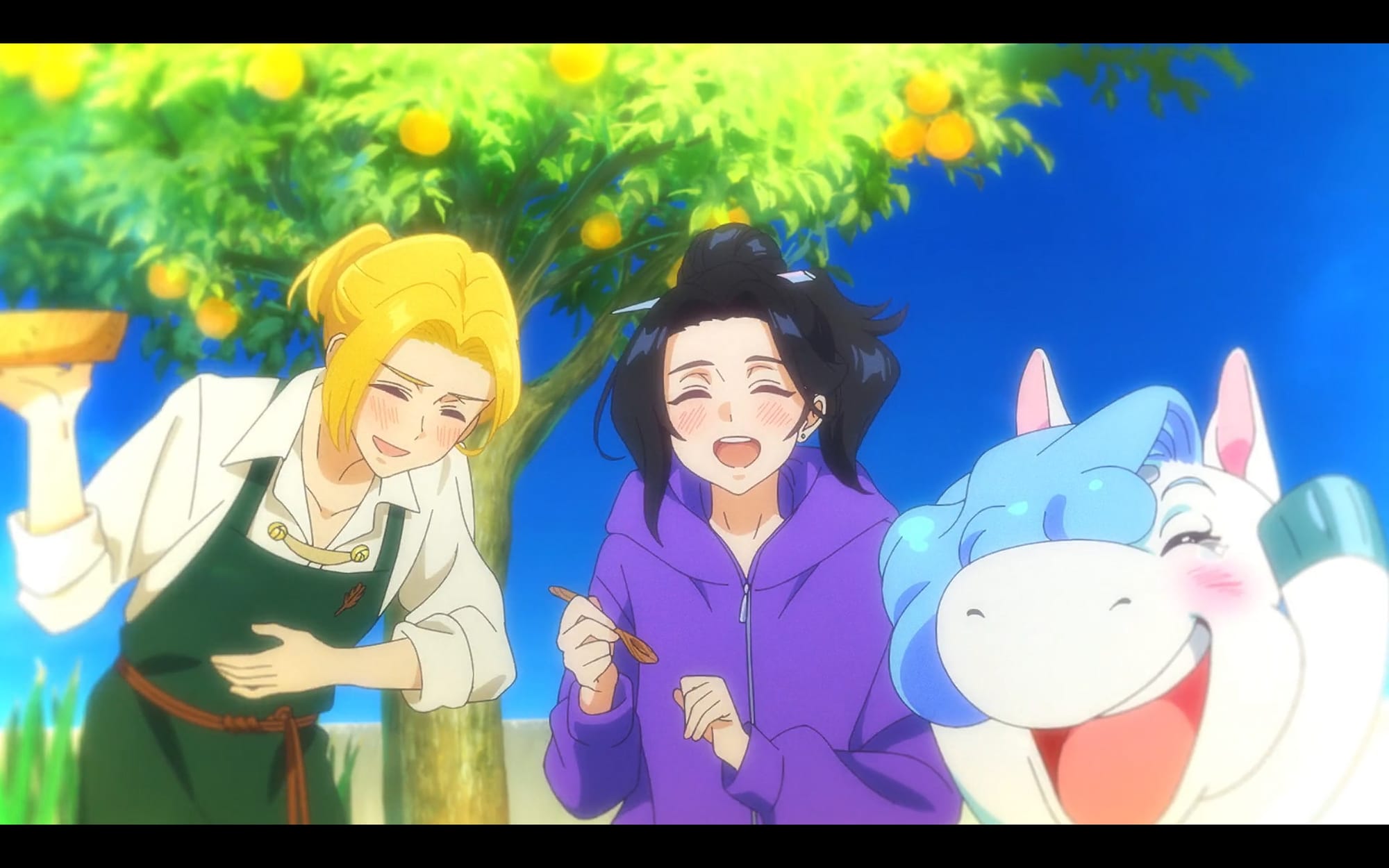 luke, natsuko and unio laugh under a lemon tree