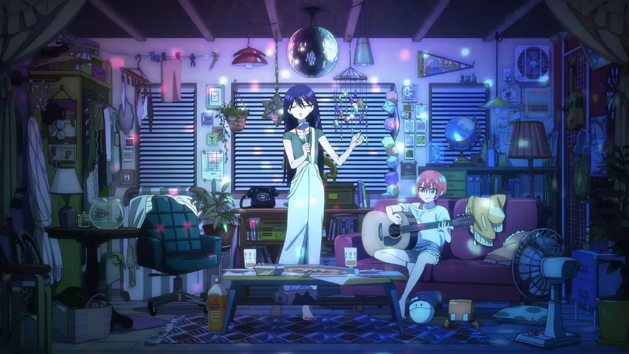 nyaan sings karaoke into a ladle. machu plays the guitar while two small robots dance on the ground. they are both in a cluttered apartment full of disco lights.