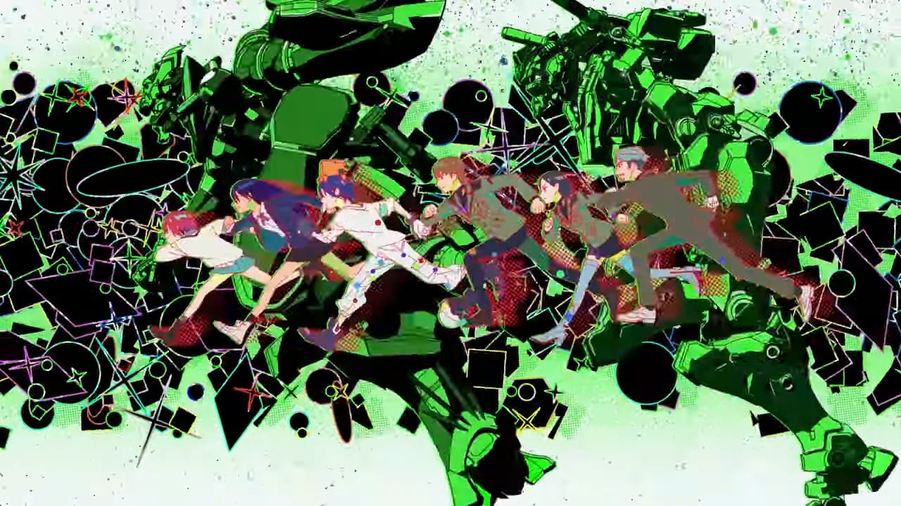 the gquuuuuux cast run along with their robots in the opening credits