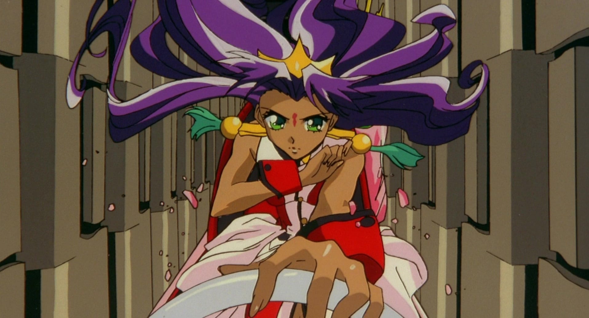 anthy, a woman driving a pink car, is trapped between two giant grinders on her left and right