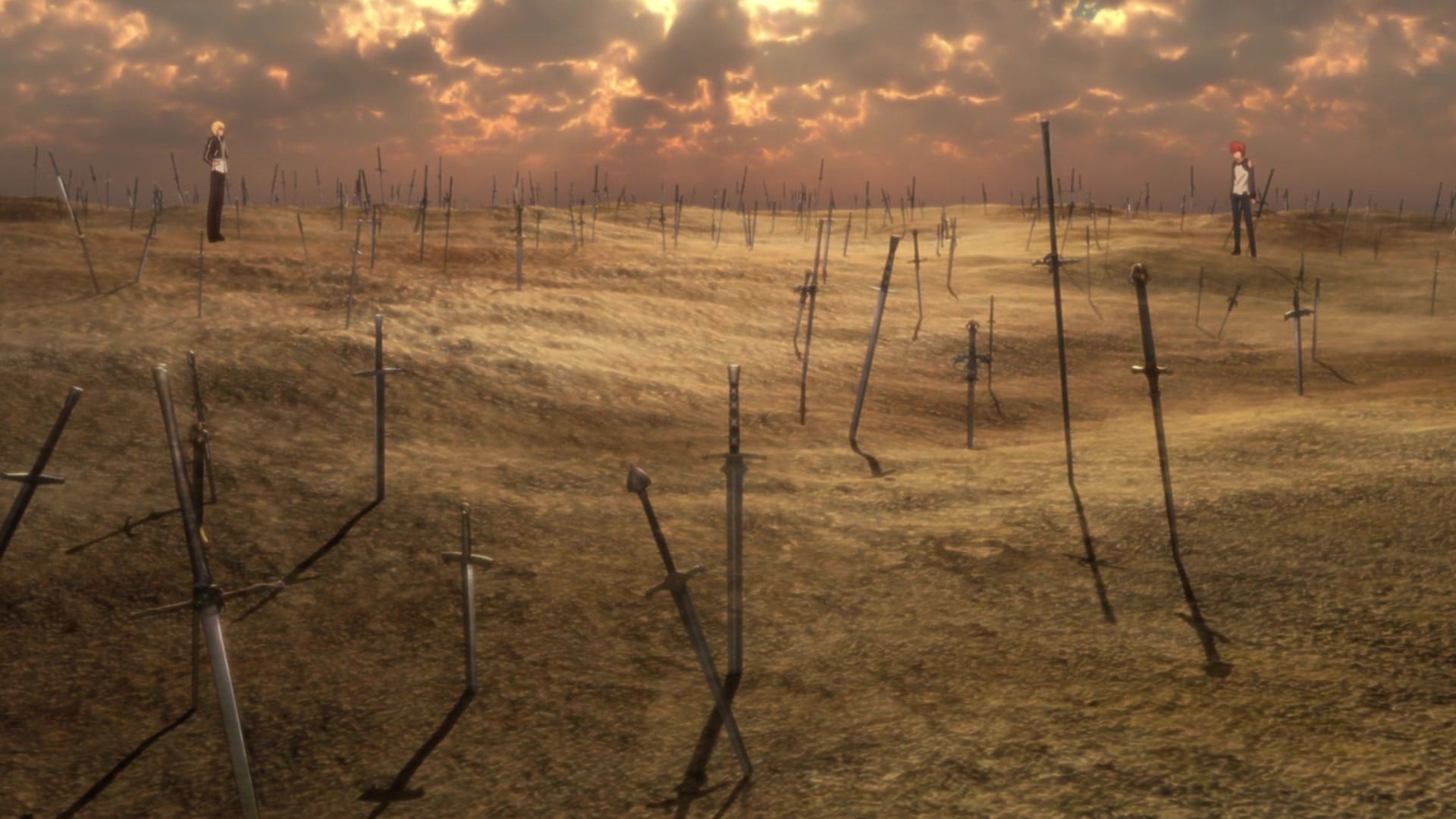 from fate/stay night unlimited blade works: two figures stand in a field of swords.
