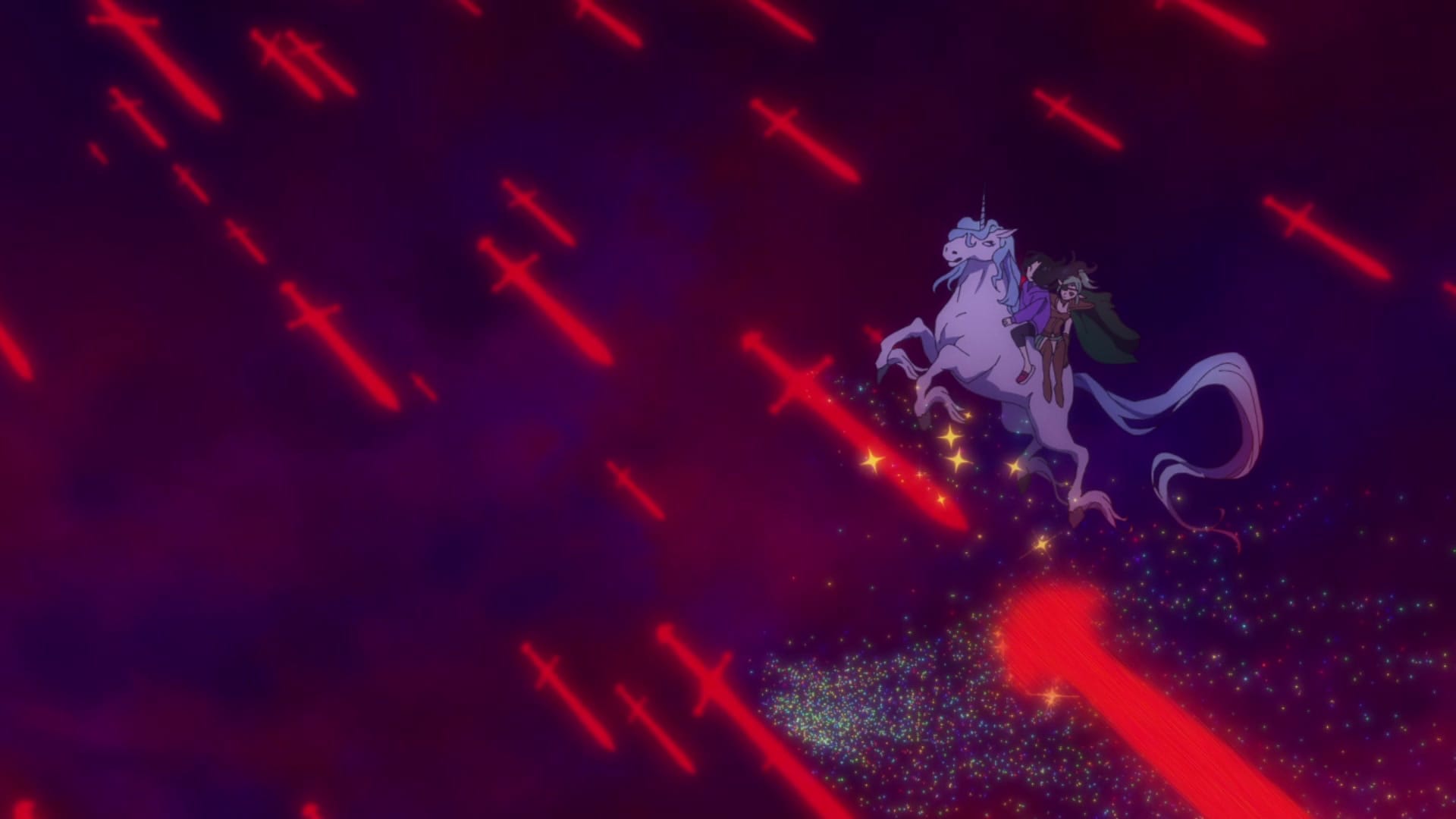 the zenshu heroes dodge falling red swords on a flying unicorn