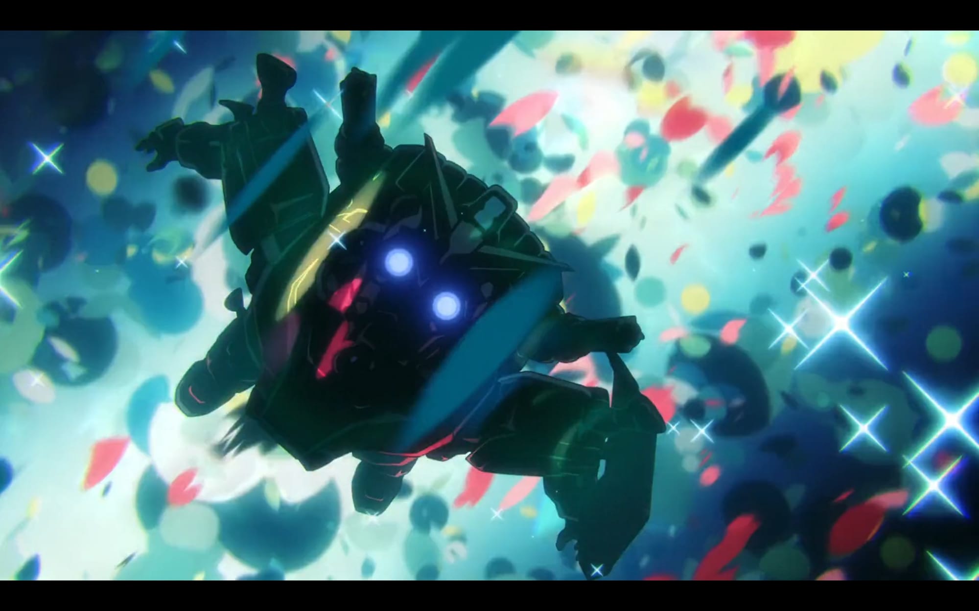 a mysterious red robot floats in a sea of sparkles