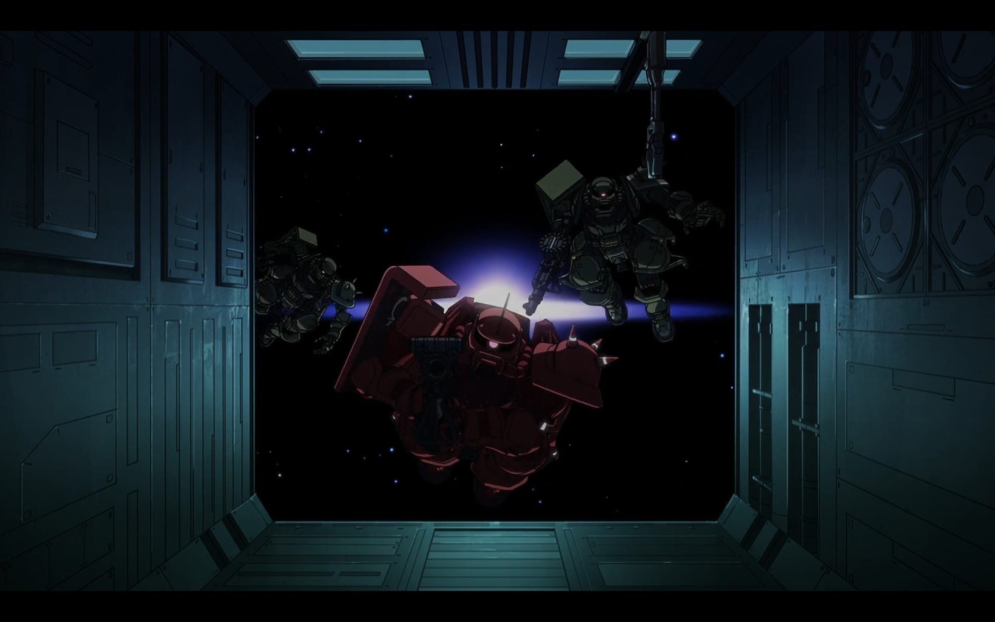 three zakus, two green and one red, enter a space colony