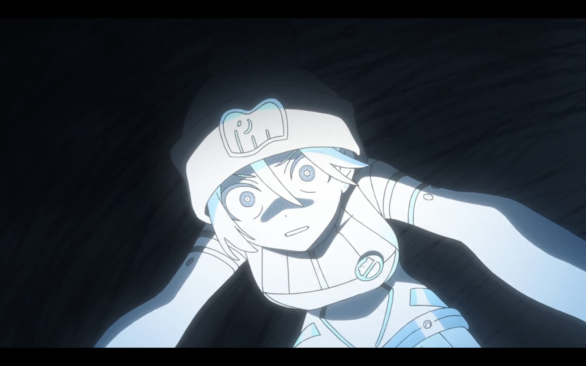 a fearful, colorless machu floats in darkness