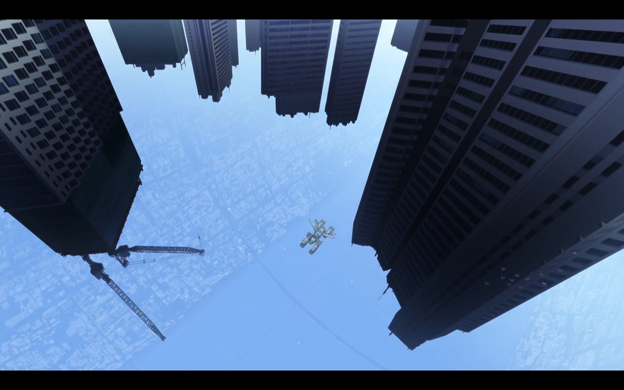 the sodon flies beneath upside-down skyscrapers of side 6