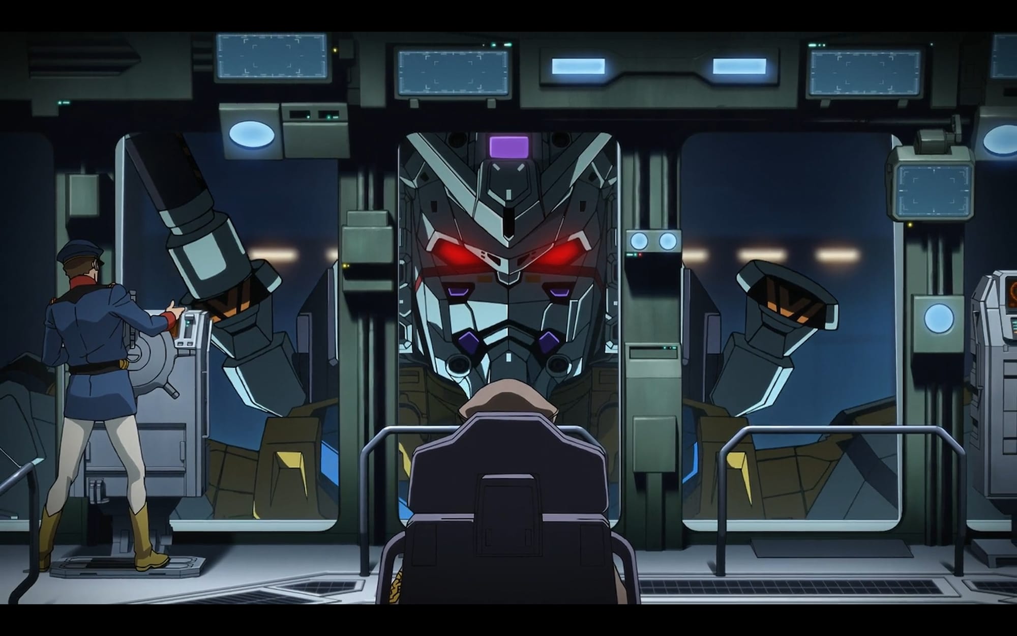 a red-eyed gundam stares at the crew of the white base