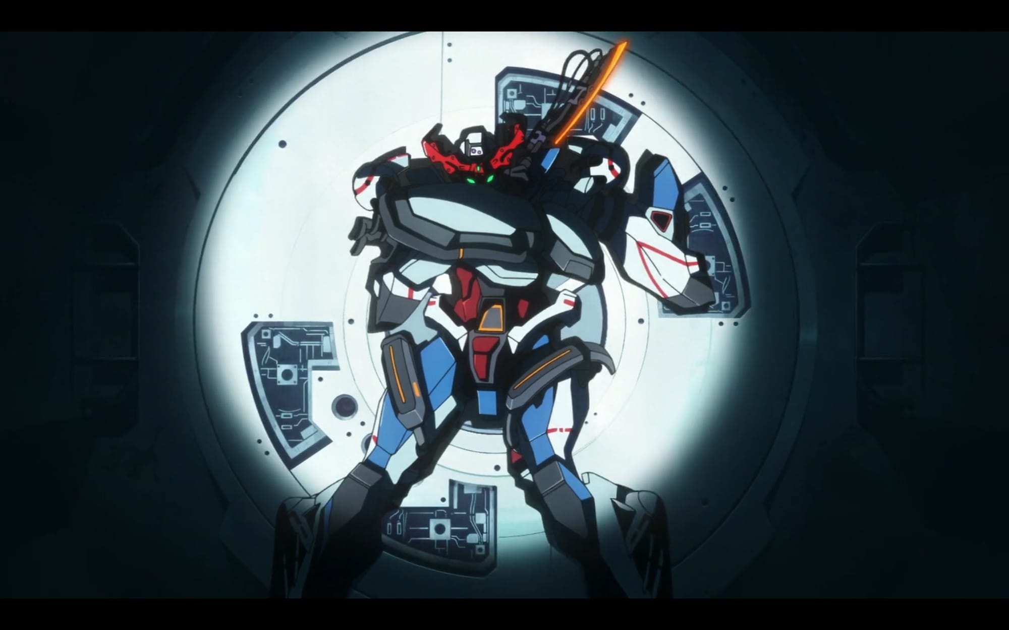 the gquuuuuux robot shields its face from a large circular spotlight