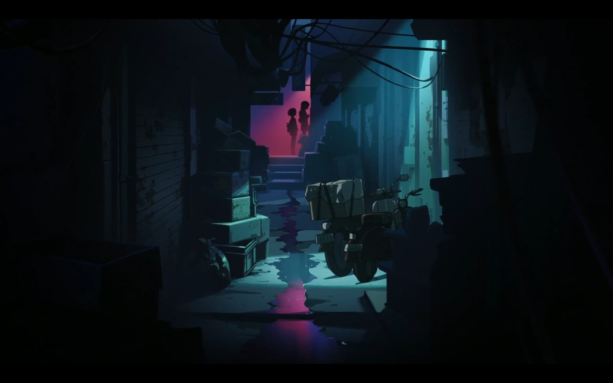 two silhouettes stand at the end of an alleyway, illuminated by red light