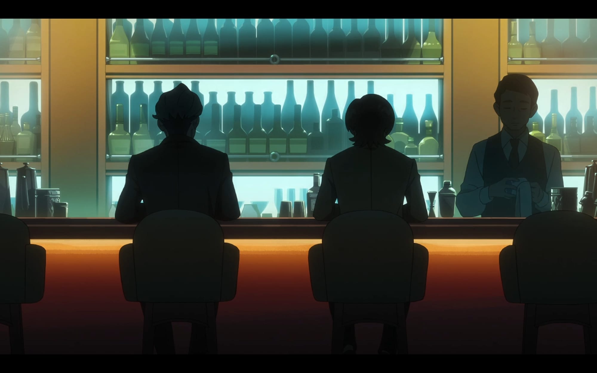 chalia bull and xavier sit at a bar washed in flourescent lighting, where they are served by a bartender