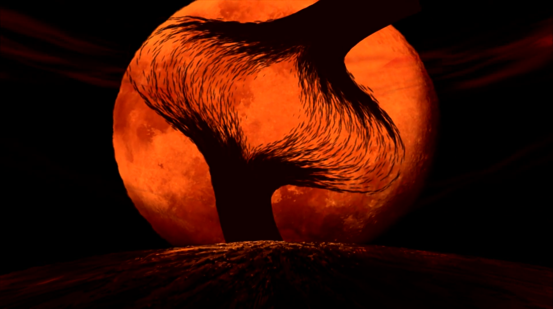 a giant plant stalk separates into a storm of arrows against a red moon
