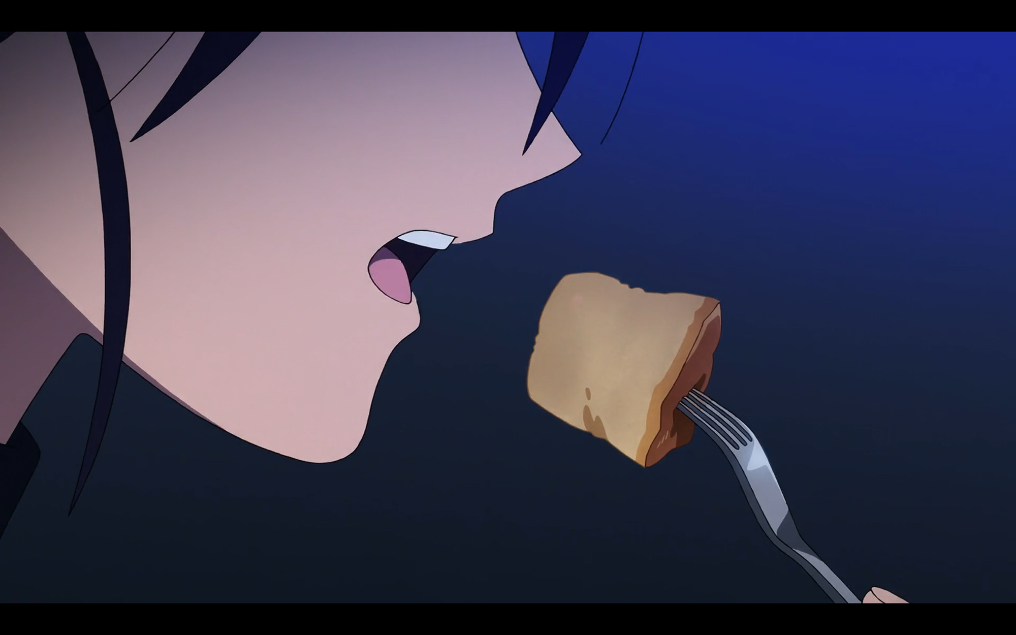 nyaan pauses in the middle of eating a piece of cake