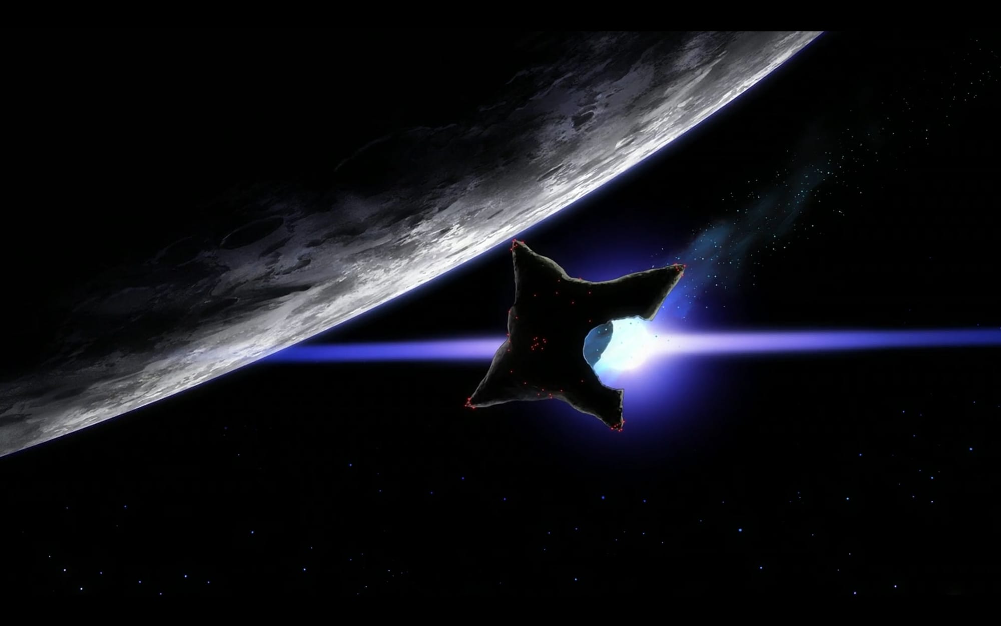 the solomon floats by the moon, with a giant hole left by the zeknova. it is silhouetted by a flare directly behind it.