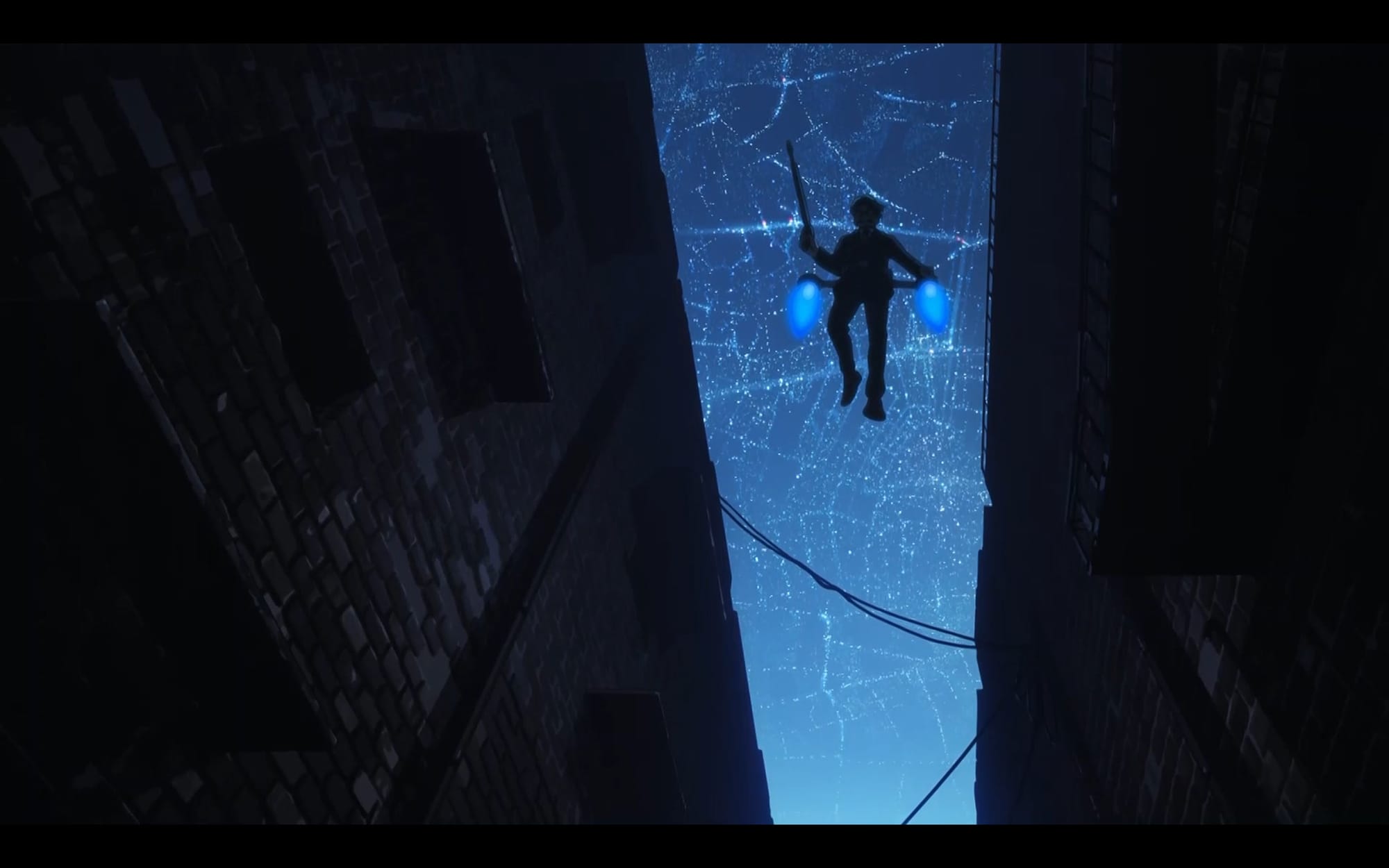 chalia bull descends from the sky wearing a jetpack and holding a gun