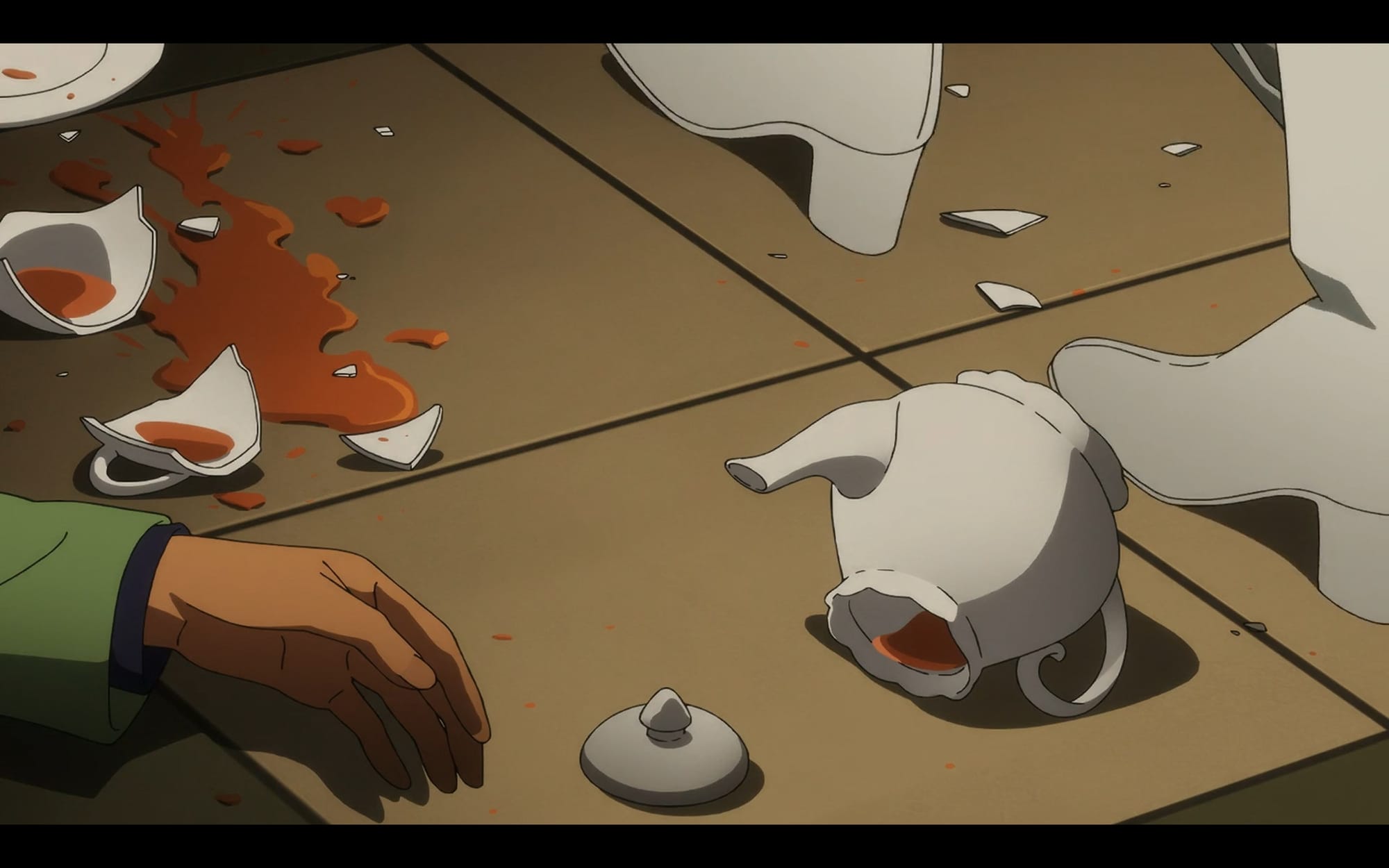 a hand lies by a shattered teacup and fallen teakettle. kycilla's white heels stride across the floor.