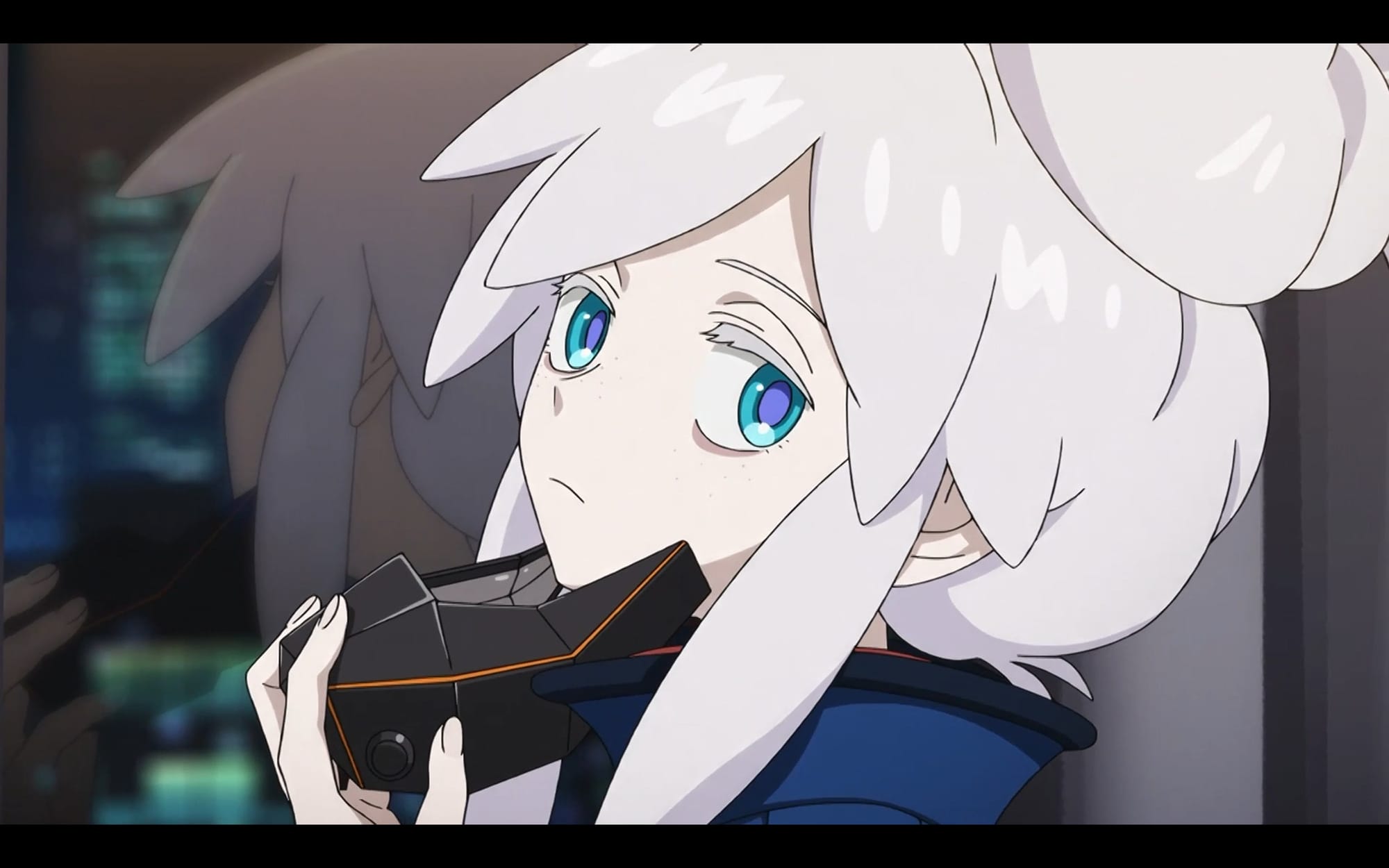 deux, a young woman with white hair in a bun, pulls off her snout-shaped mask.