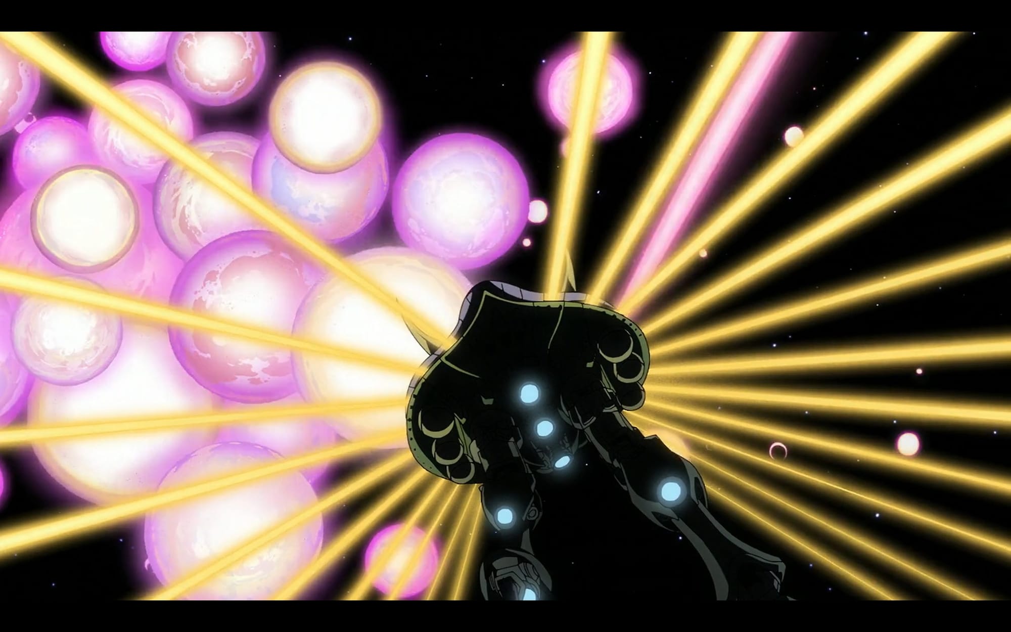 a large battleship fires countless yellow lasers, obliterating surrounding ships in purple explosions