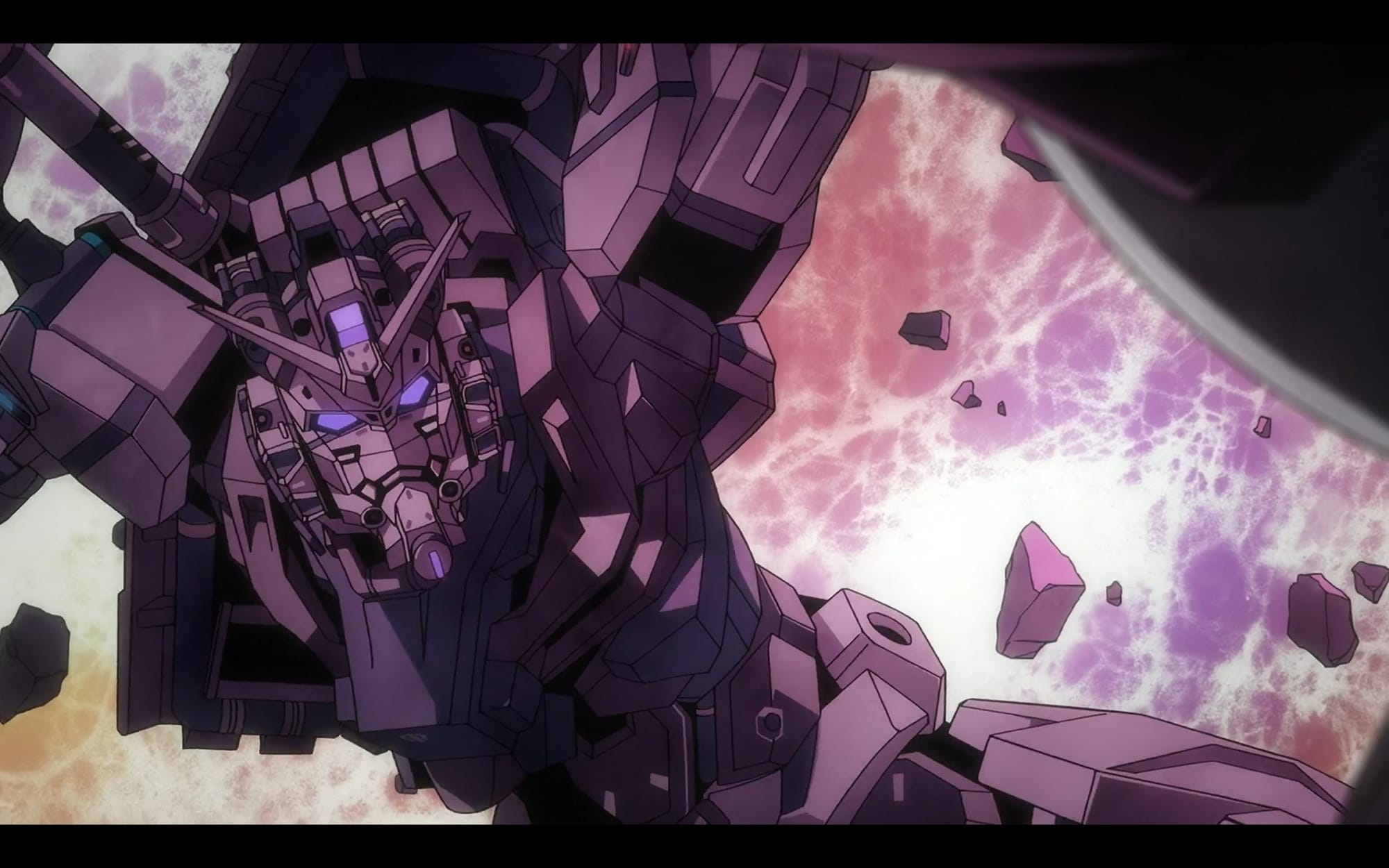 the red gundam crawls through space slag and rubble