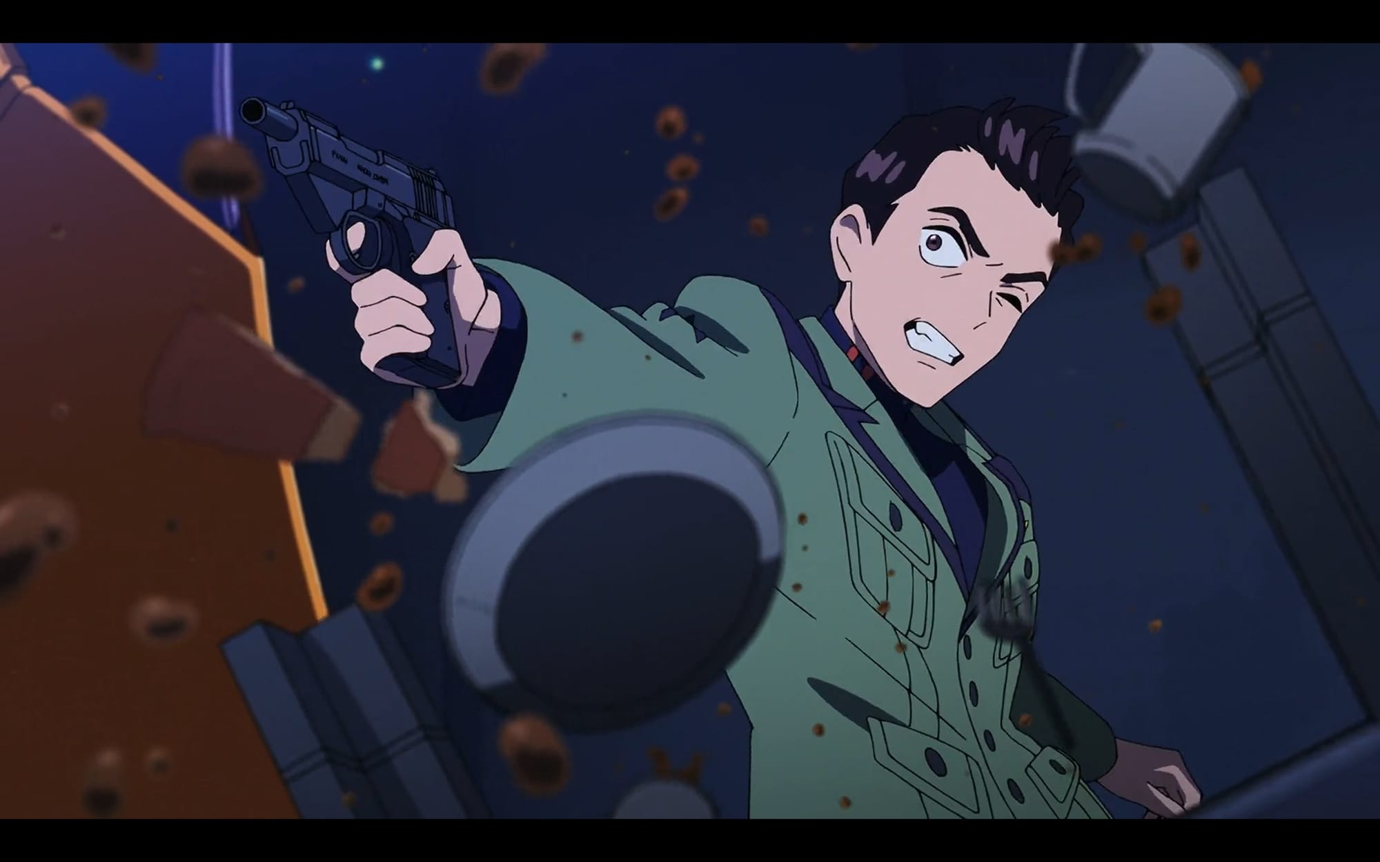 miguel pulls a pistol as a table flips in front of him. his left eye is shut.