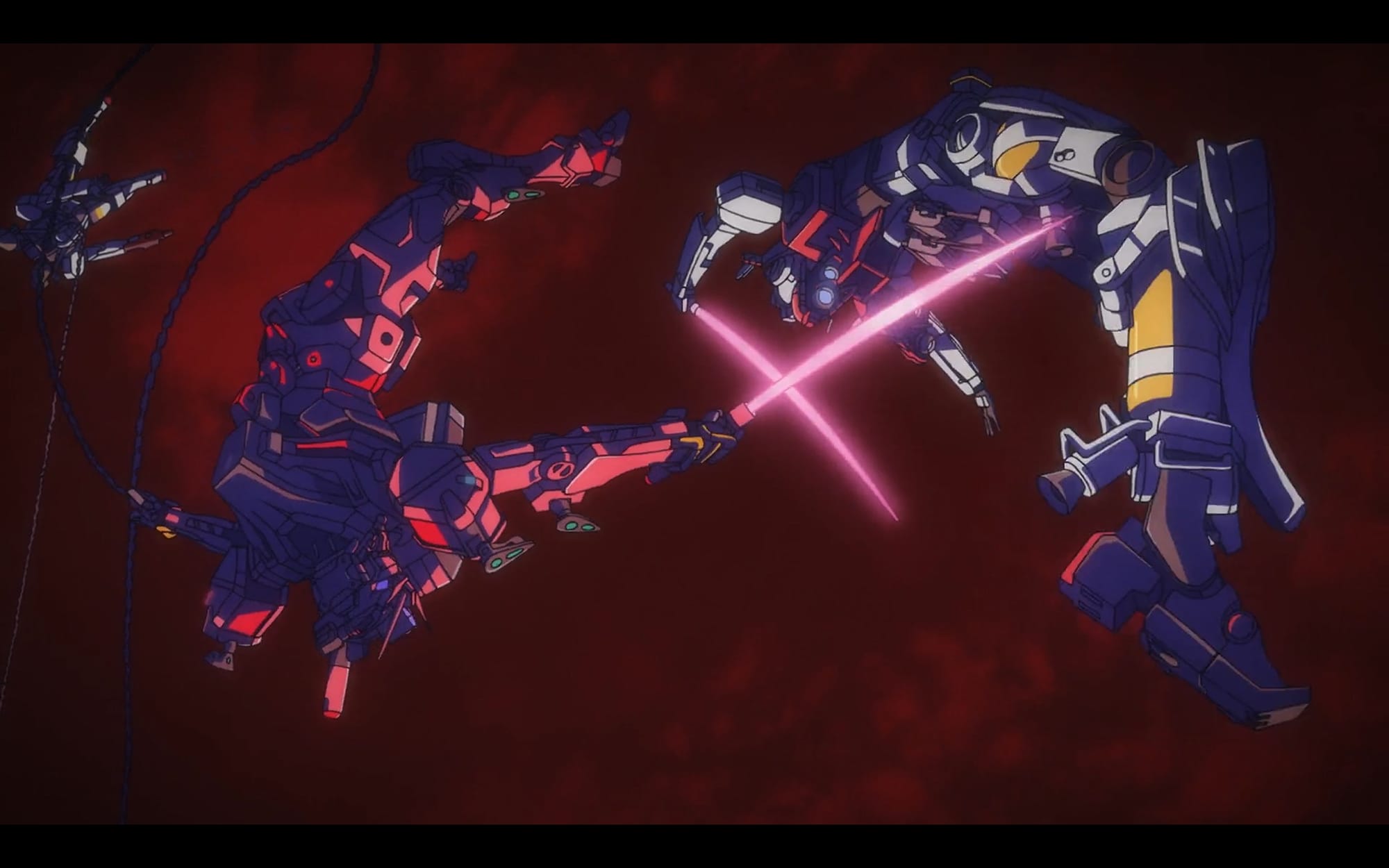the red gundam and a federation robot clash with laser swords against a red background