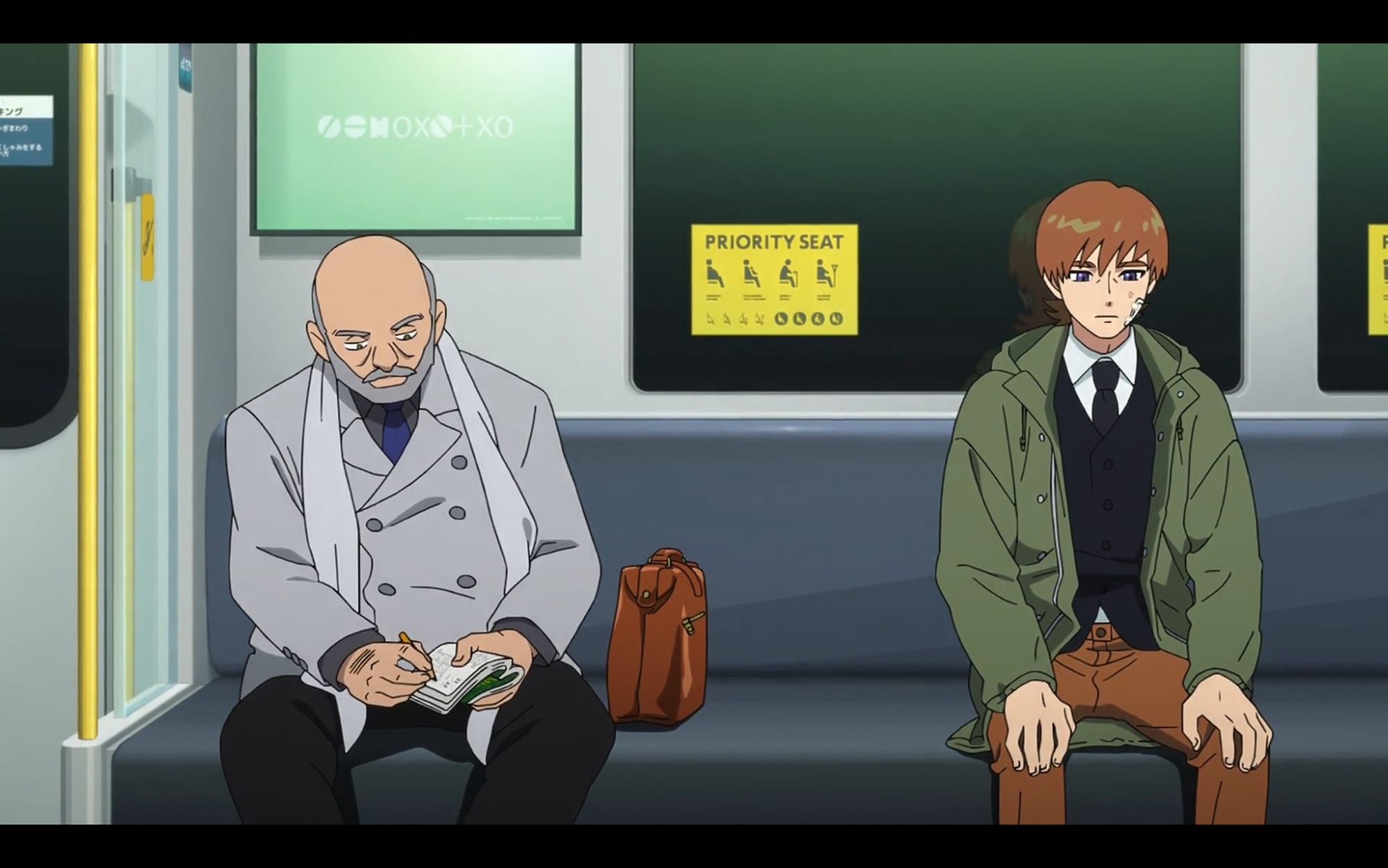 xavier and an old man doing puzzles sit side by side on a train.