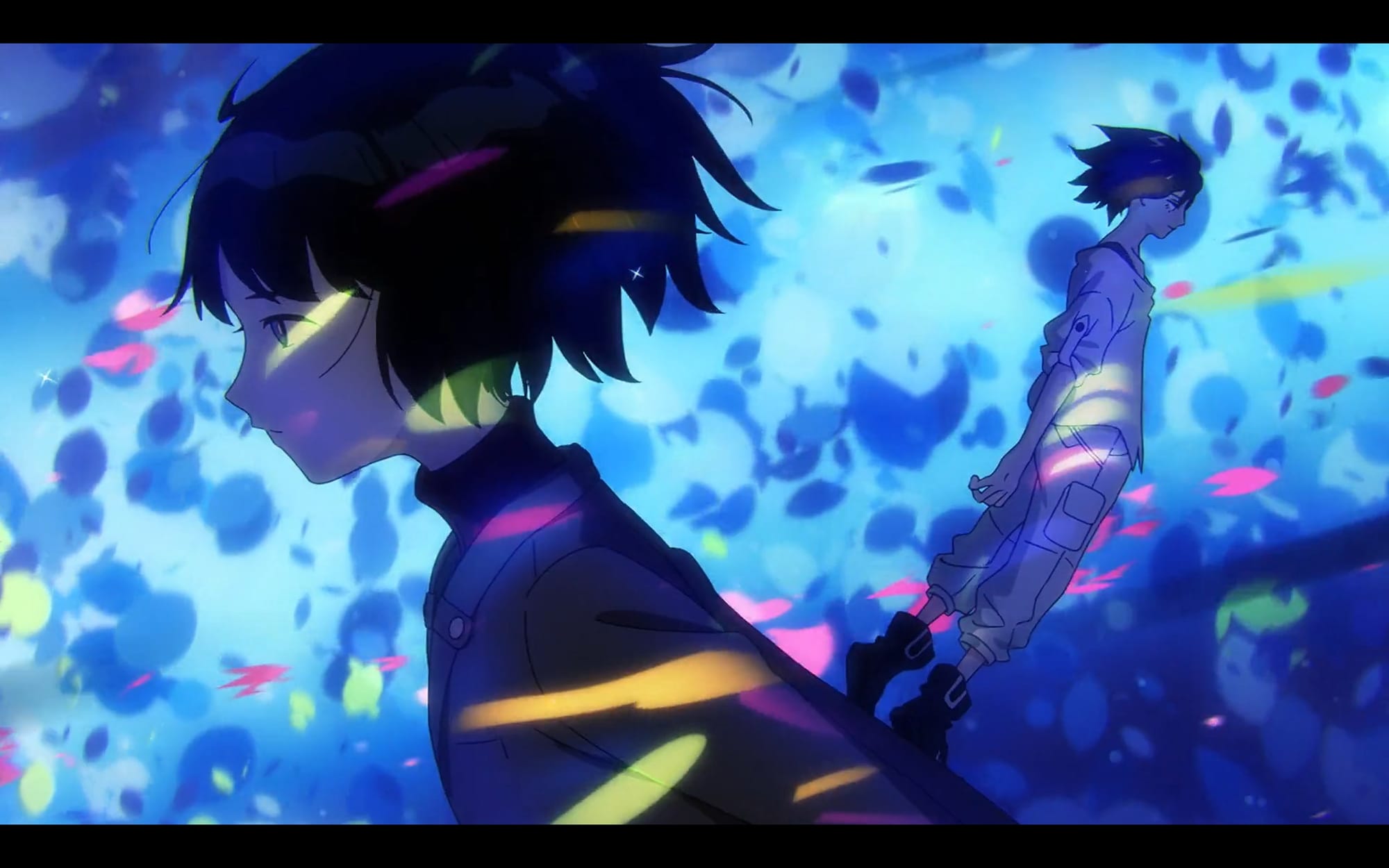 shiiki and shuji communicate via newtype powers in a field of multicolored "kira kira" sparkles