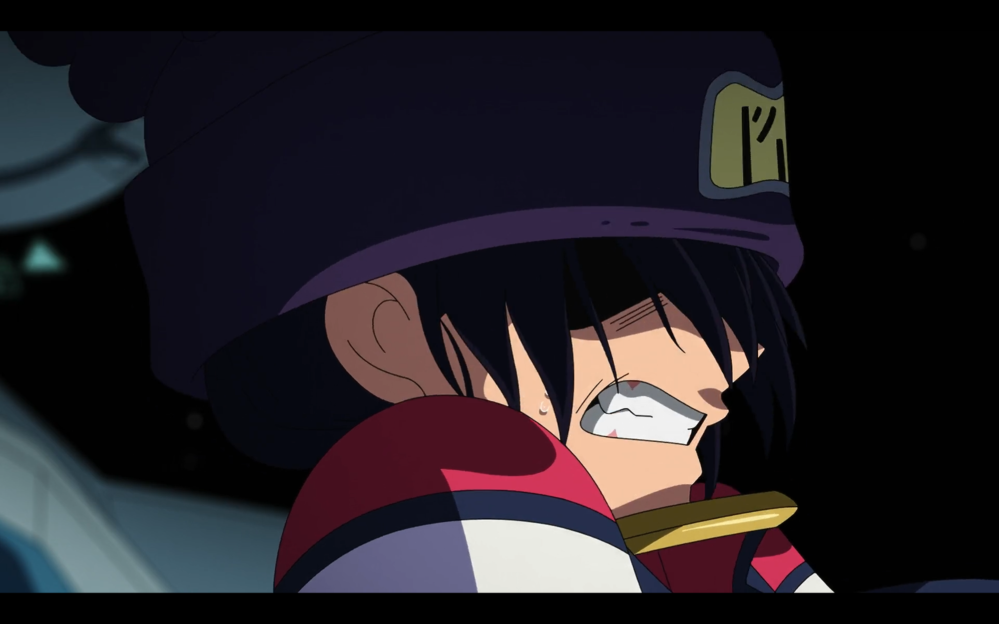 a frustrated nyaan. her eyes are hidden beneath shadow and her hat.