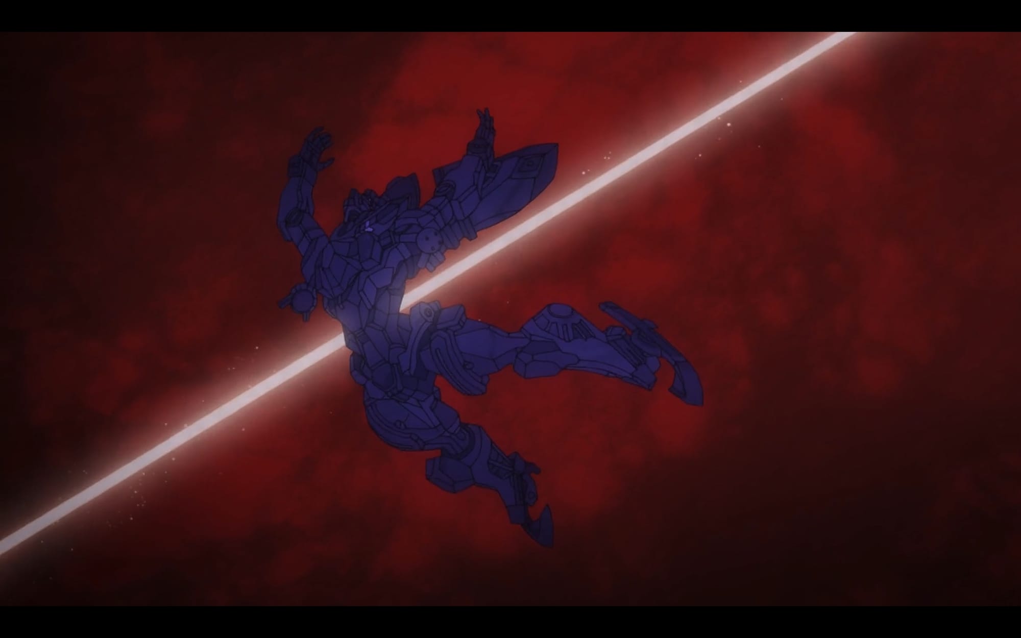 the gquuuuuux is shot from afar, represented as a pierced silhouette against a red background