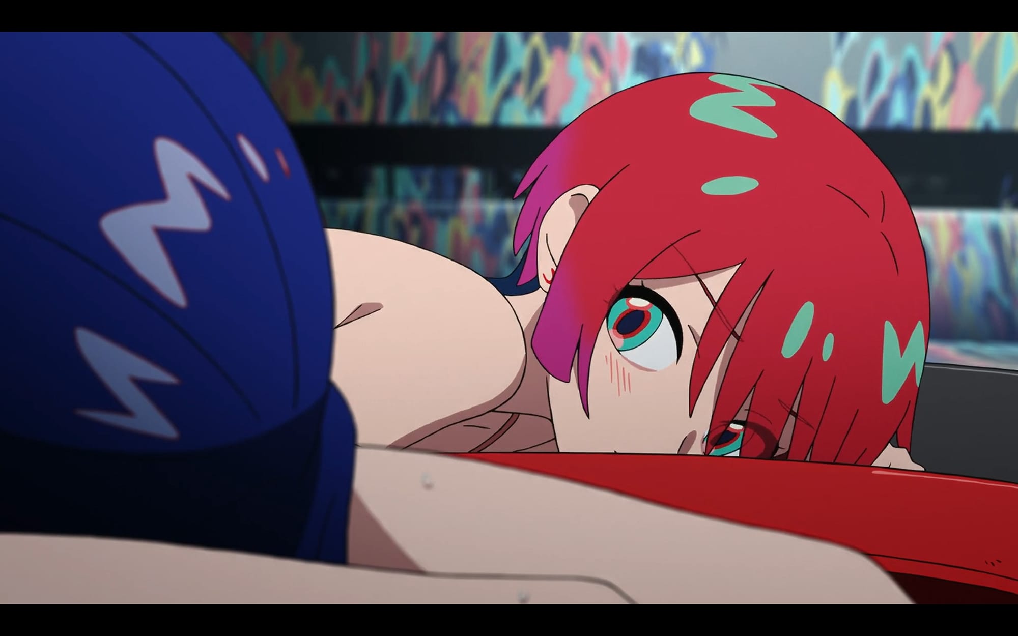 machu stares at shuji while she lies on the cold metal of the red gundam.