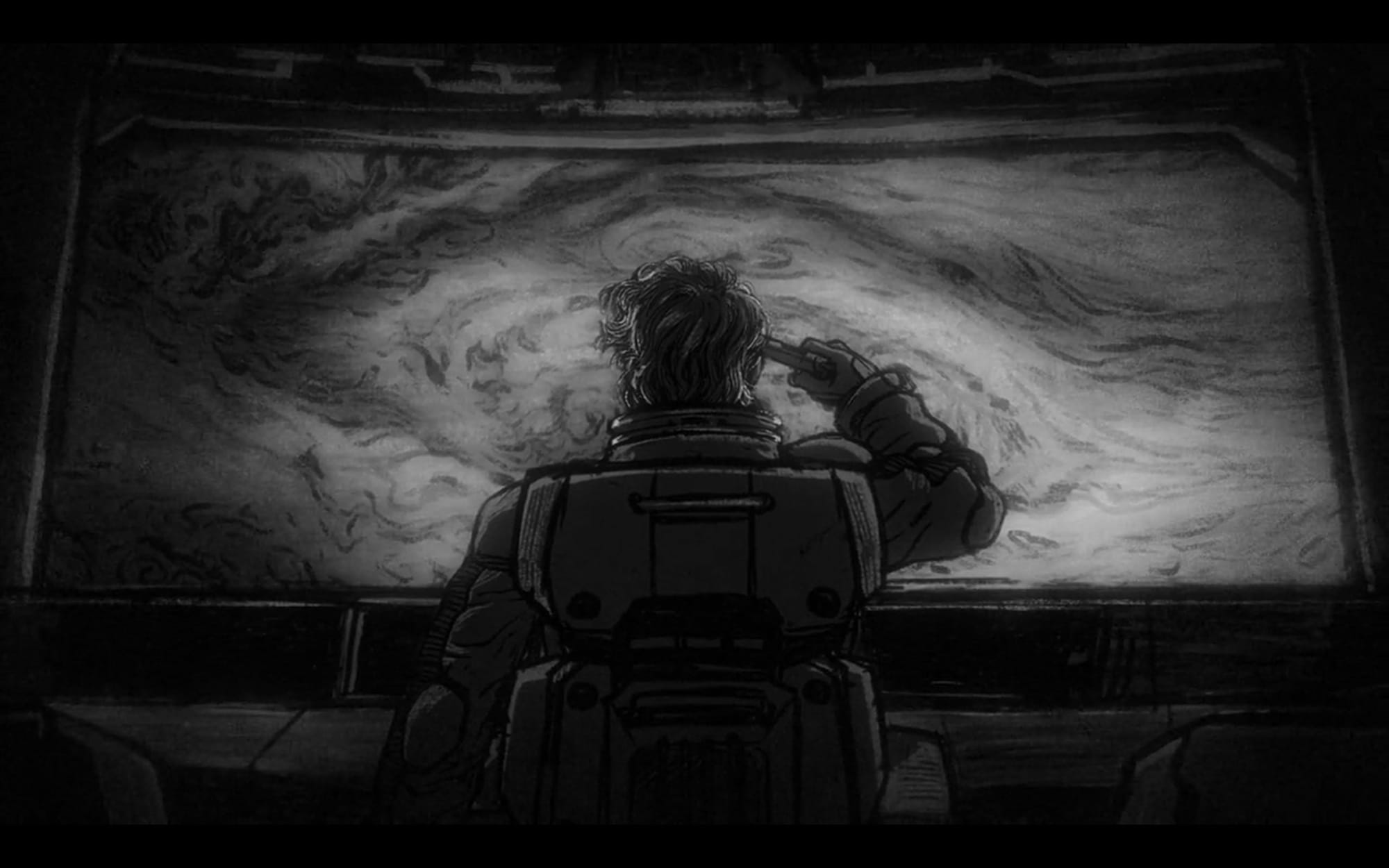 challia, as seen from behind, points a pistol at his head as he looks out at jupiter. the scene is rendered in black and white