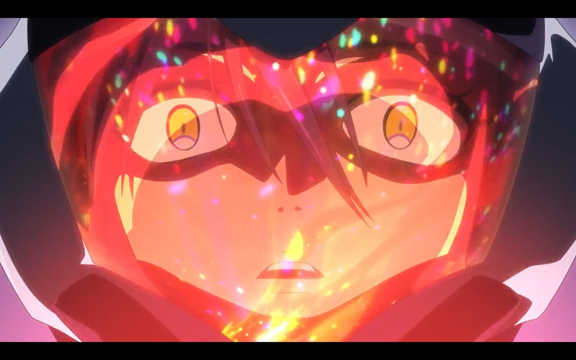 nyaan stares ahead, the front of her space helmet illuminated by multicolored sparks