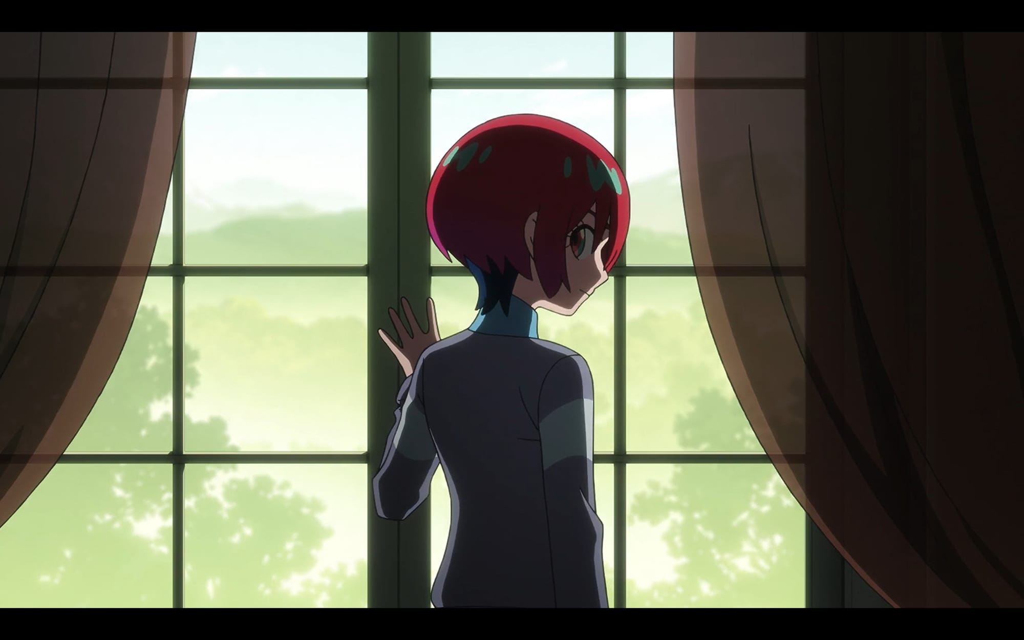 machu looks at the camera, framed by window grate