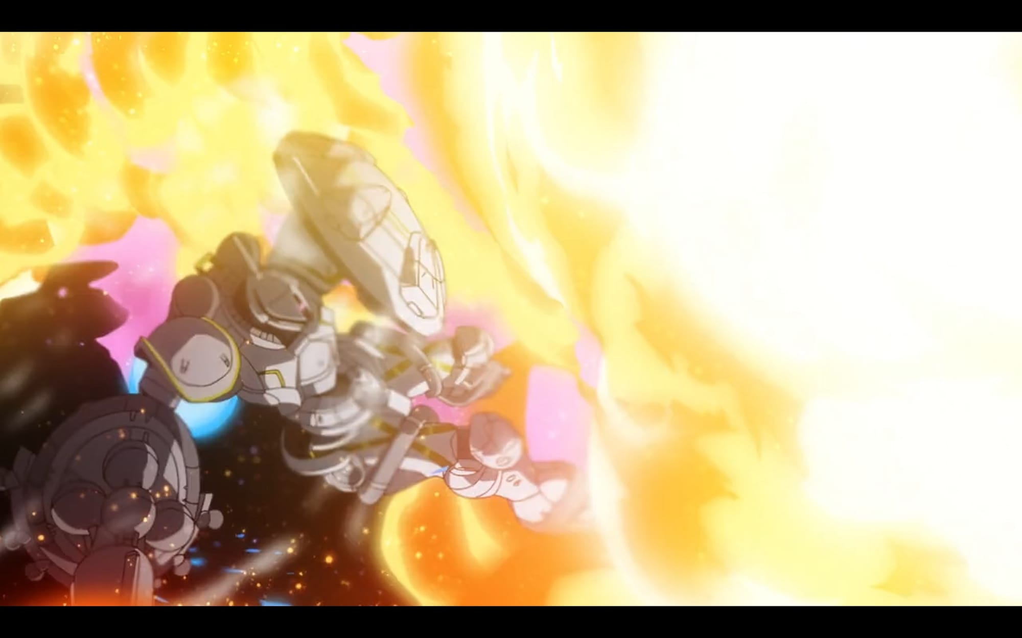 giant robot raises shield against rushing flames