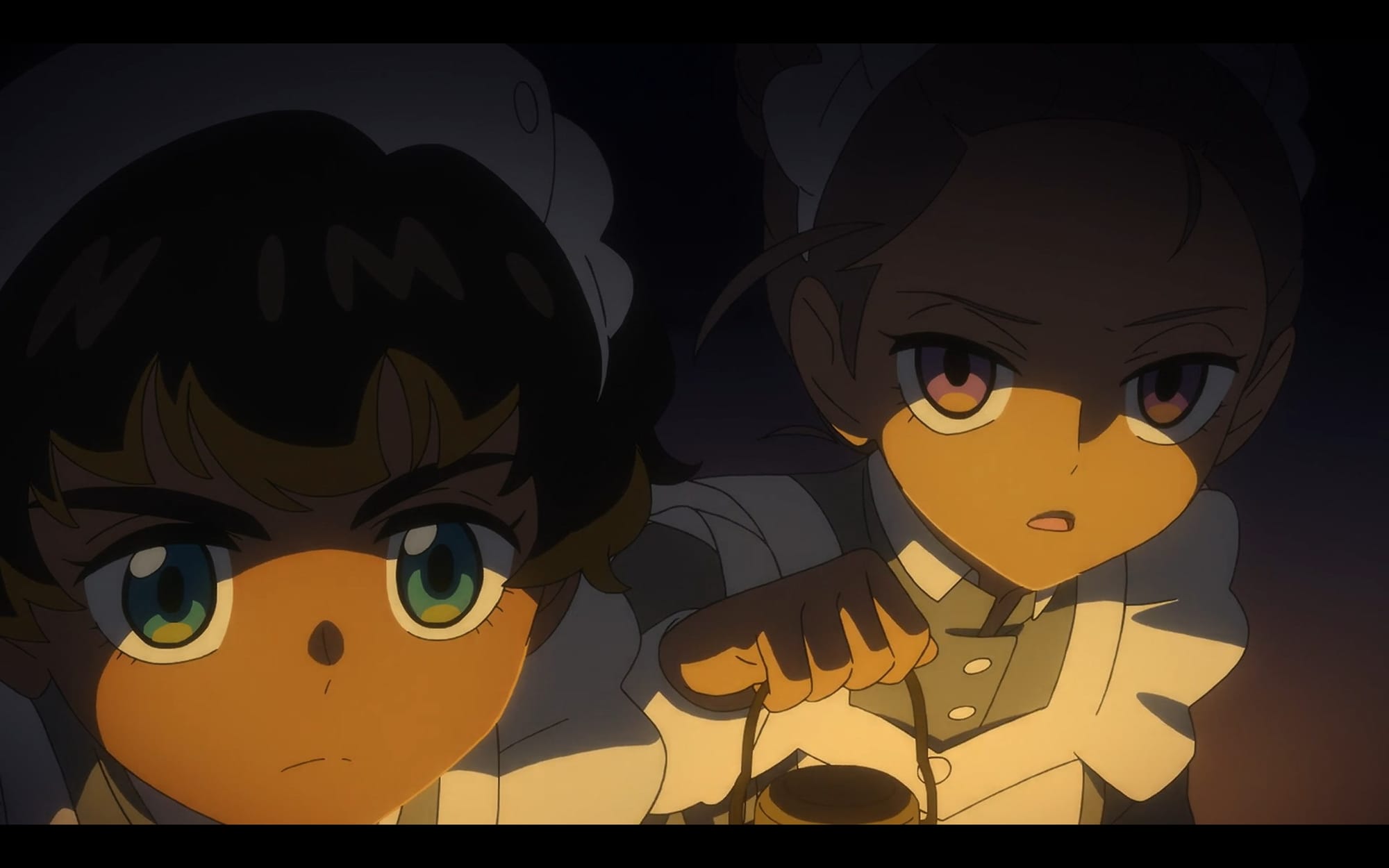 two maids lit by lantern light