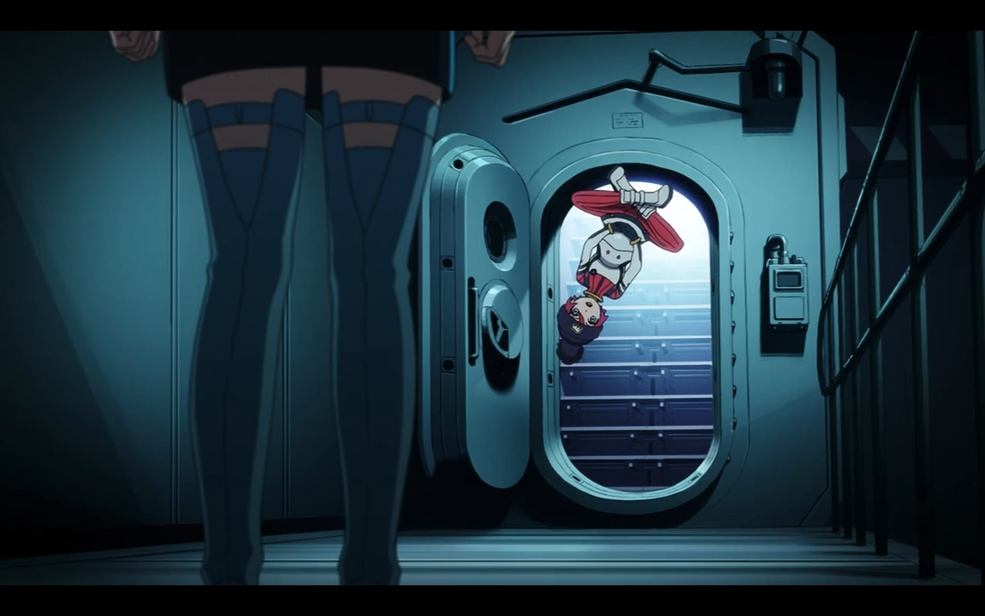 machu floats upside down with her legs crossed next to an open door.