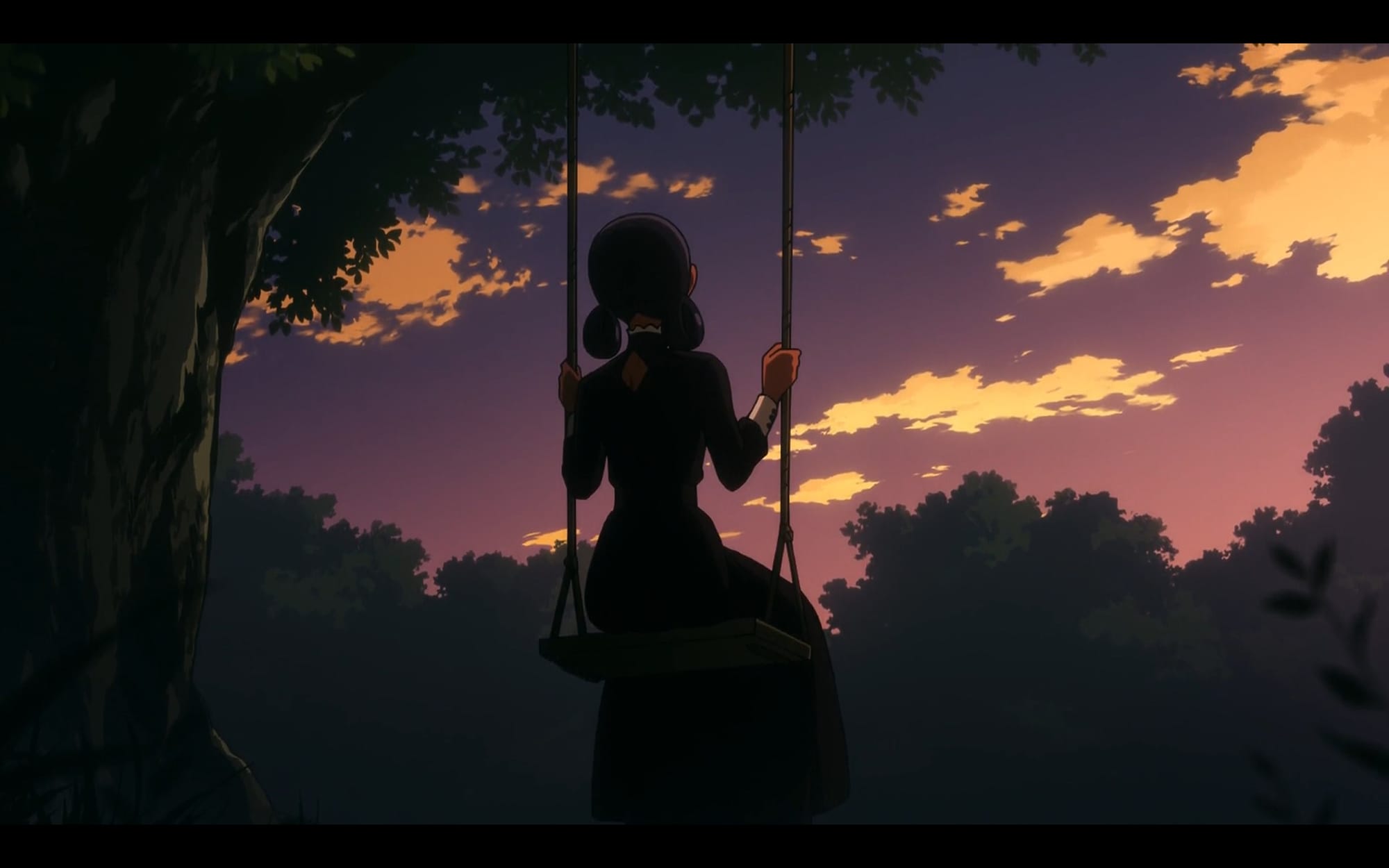 lalah sits on a chair looking at the evening sky, her back to the audience.