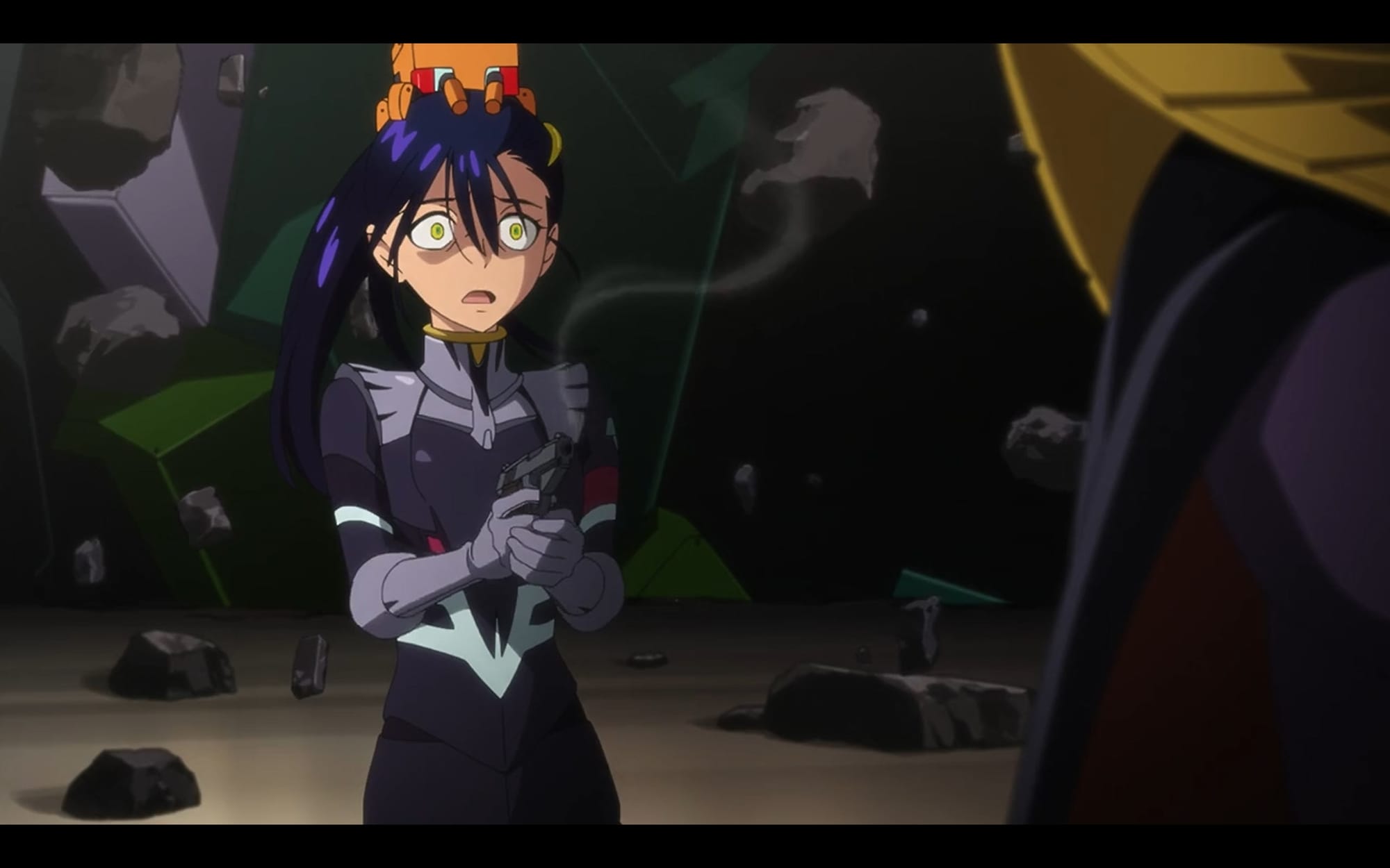 a shocked nyaan recoils from her own smoking pistol