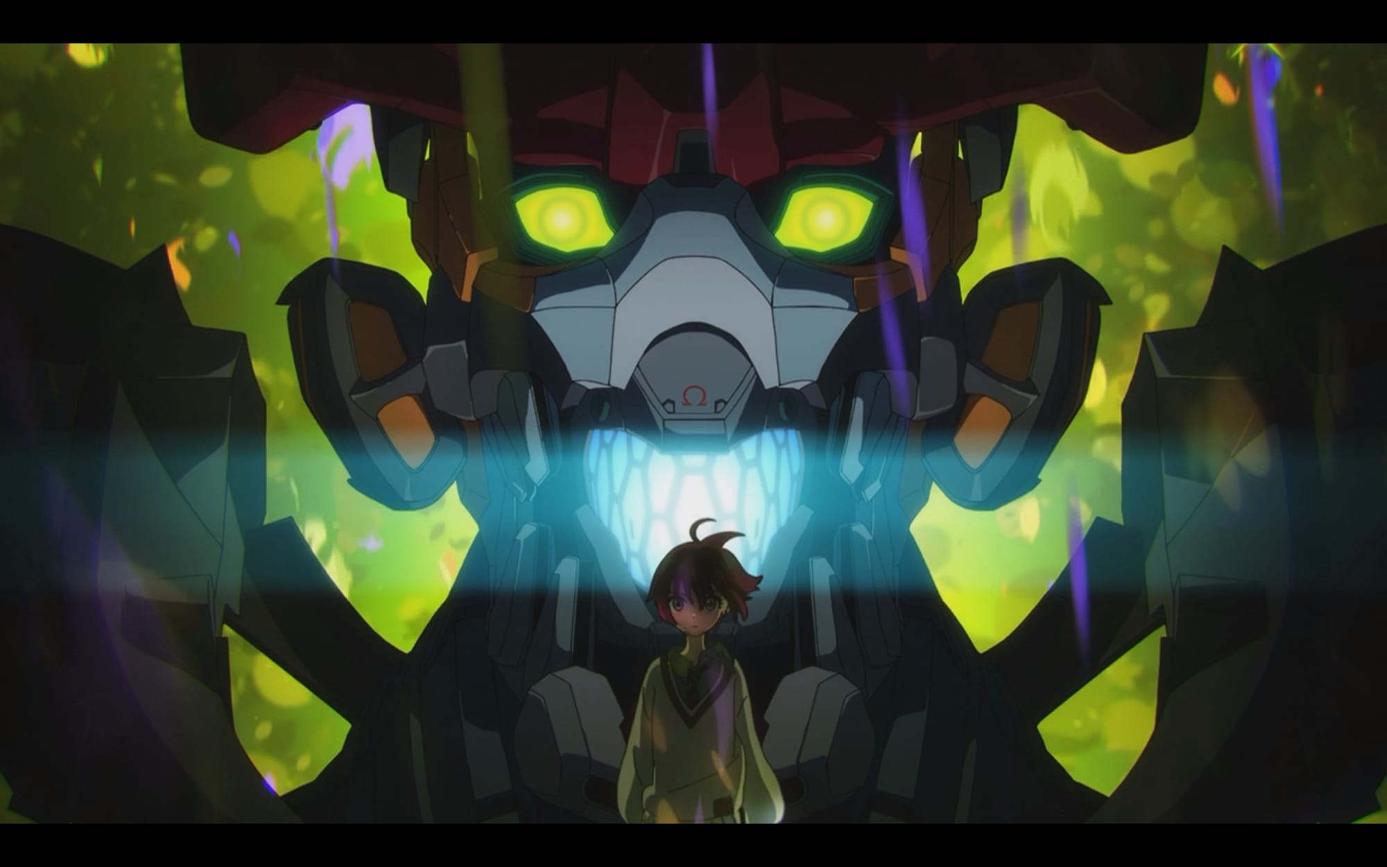 machu stands in front of a very eva-looking gquuuuuux