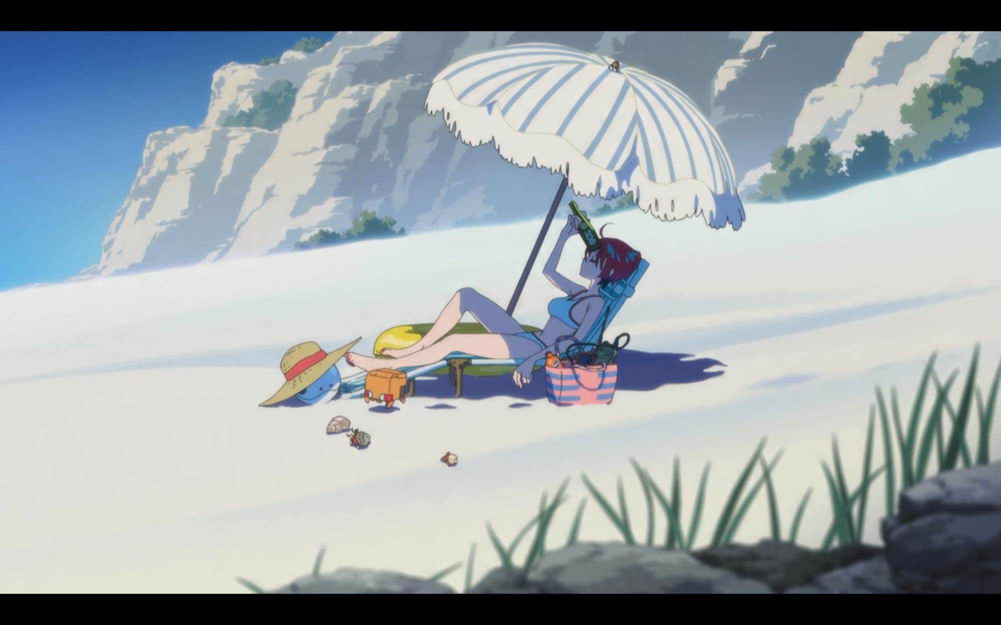 machu under an umbrella on the beach of earth