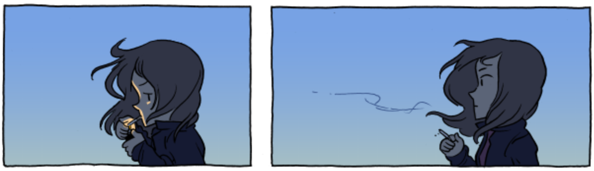 marigold lights a cigarette and exhales the smoke.