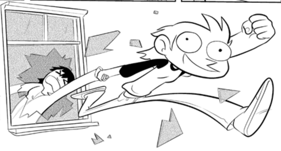 a cartoon woman drags another woman through their apartment window