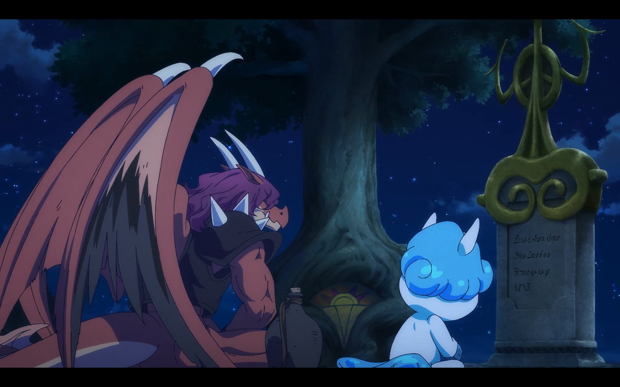 A dragon and a unicorn sit at a grave. A tree can be seen in the background. Next to the dragon is a flask.